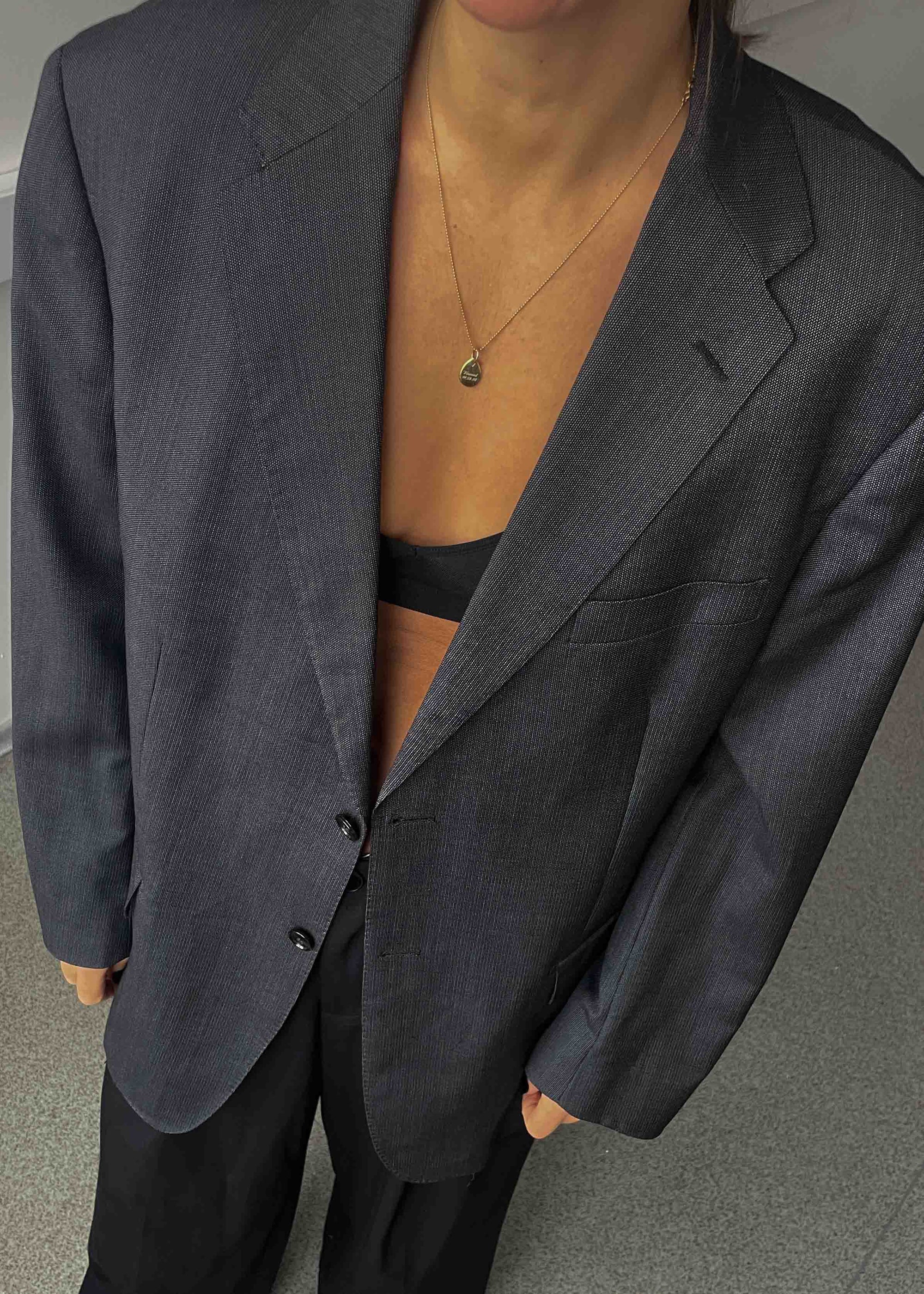 Vintage Dark Grey Patterned Oversized 100% WOOL Blazer