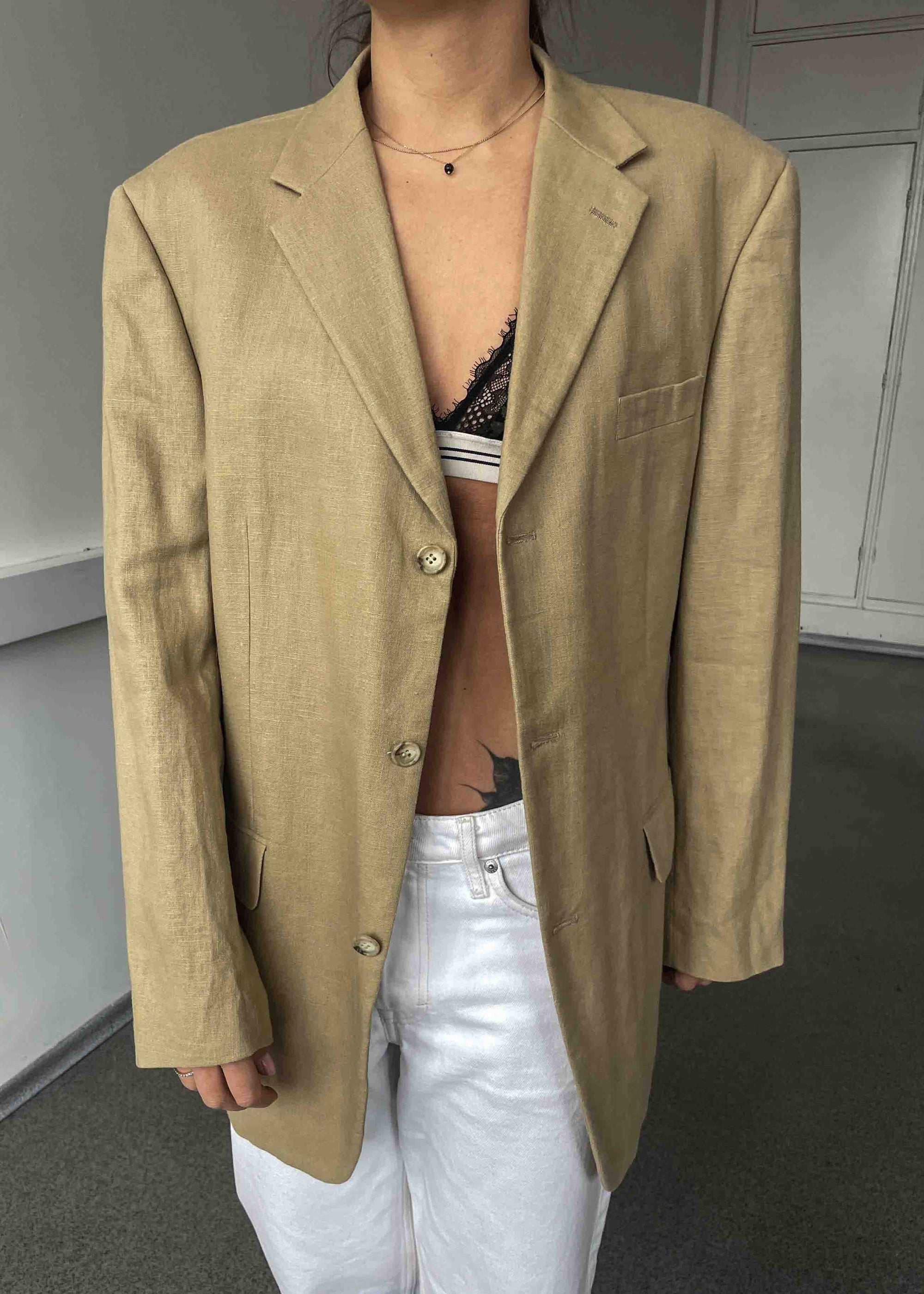 Vintage Beige Oversized Linen Blazer