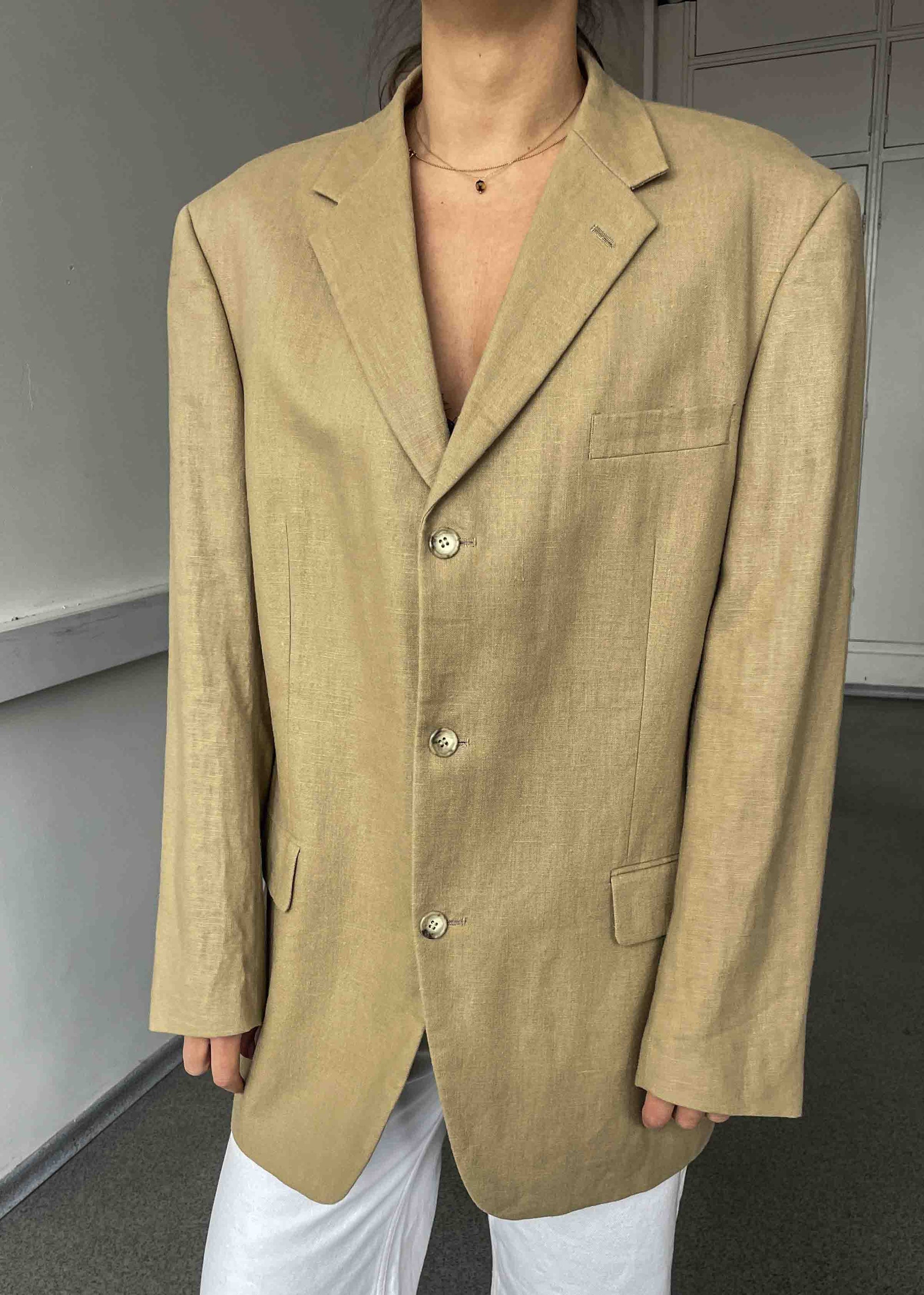 Vintage Beige Oversized Linen Blazer
