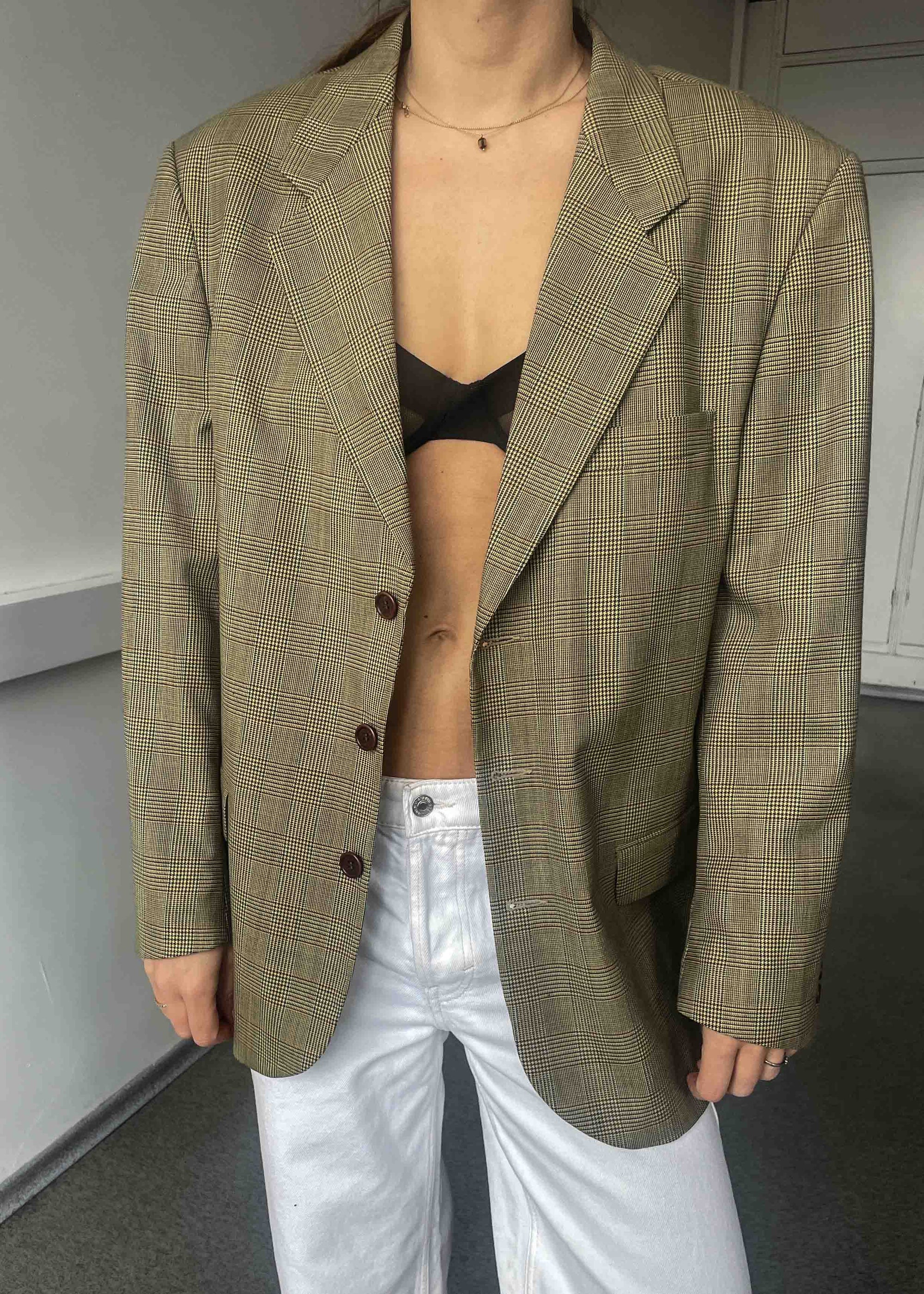 Vintage Khaki Checked Oversized Blazer
