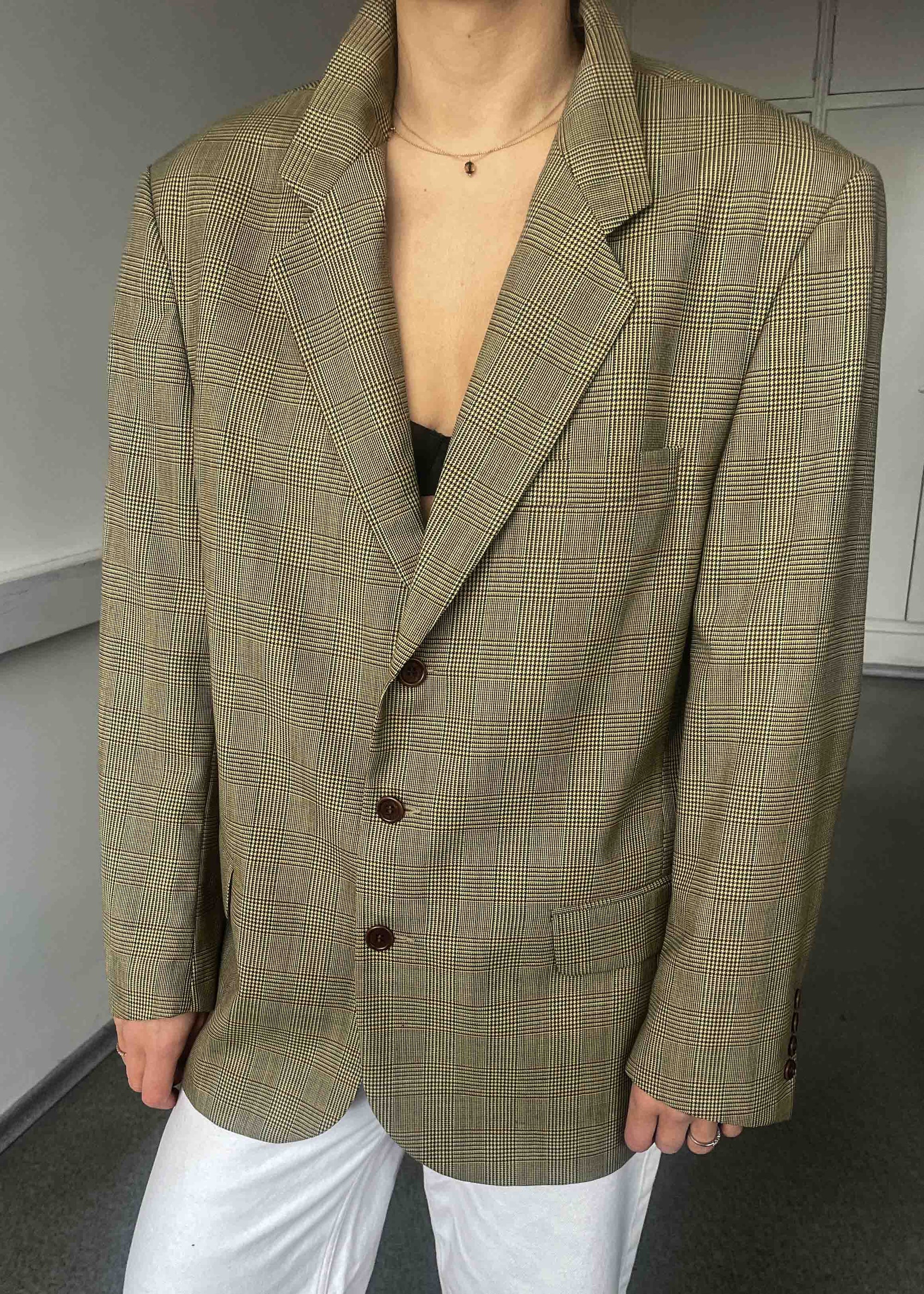 Vintage Khaki Checked Oversized Blazer