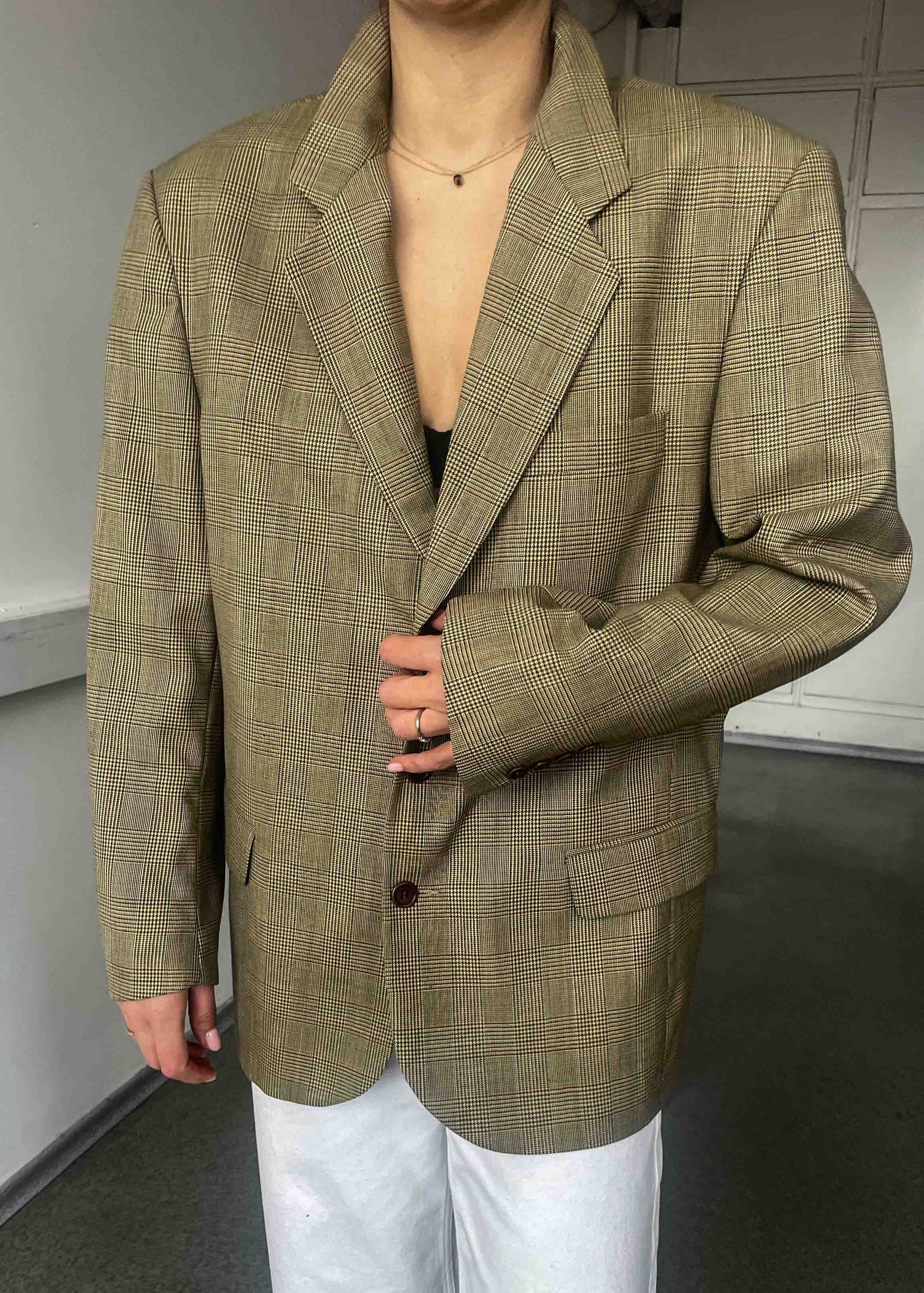 Vintage Khaki Checked Oversized Blazer