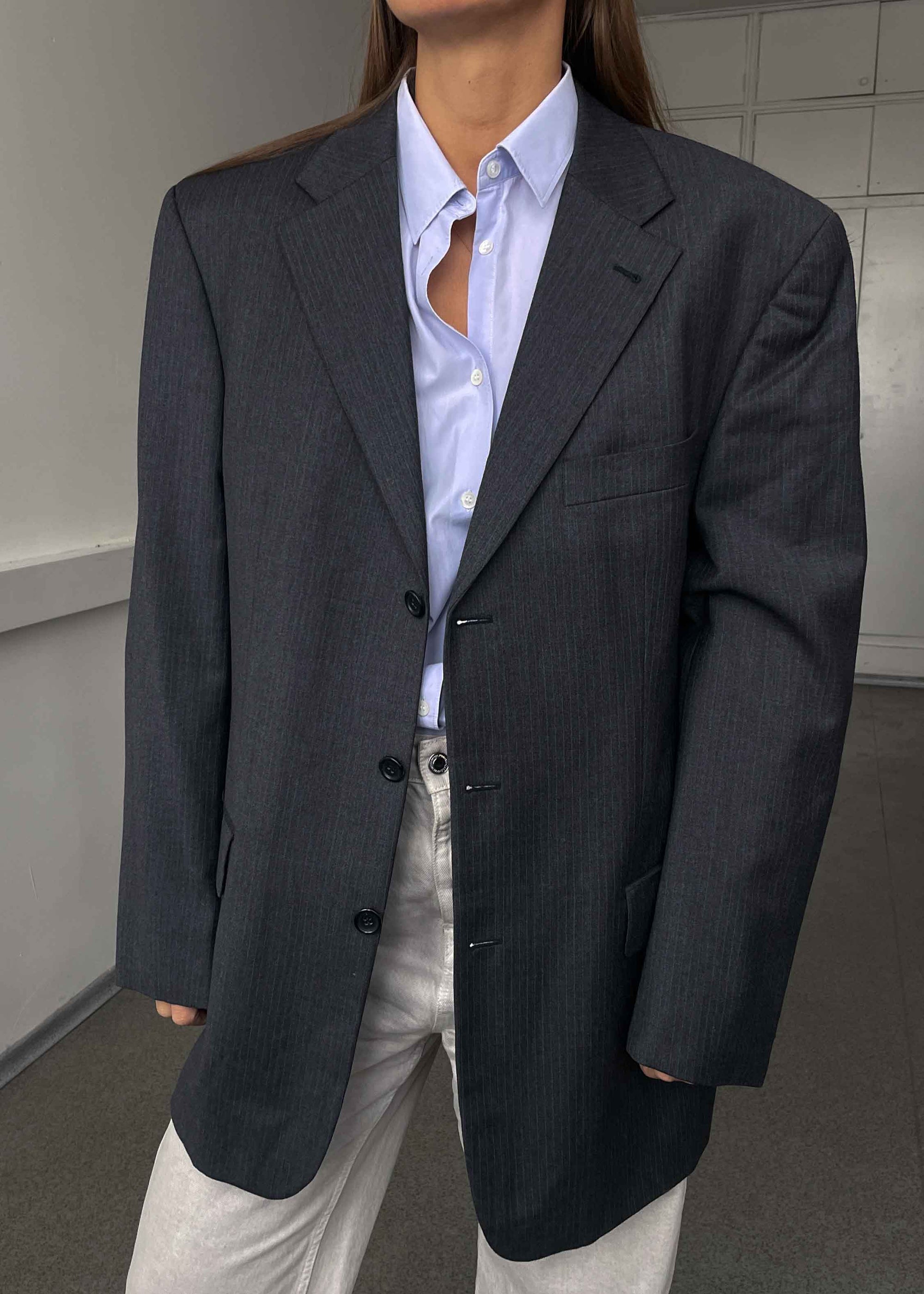 Vintage Grey Stripped Oversized 100% WOOL Blazer