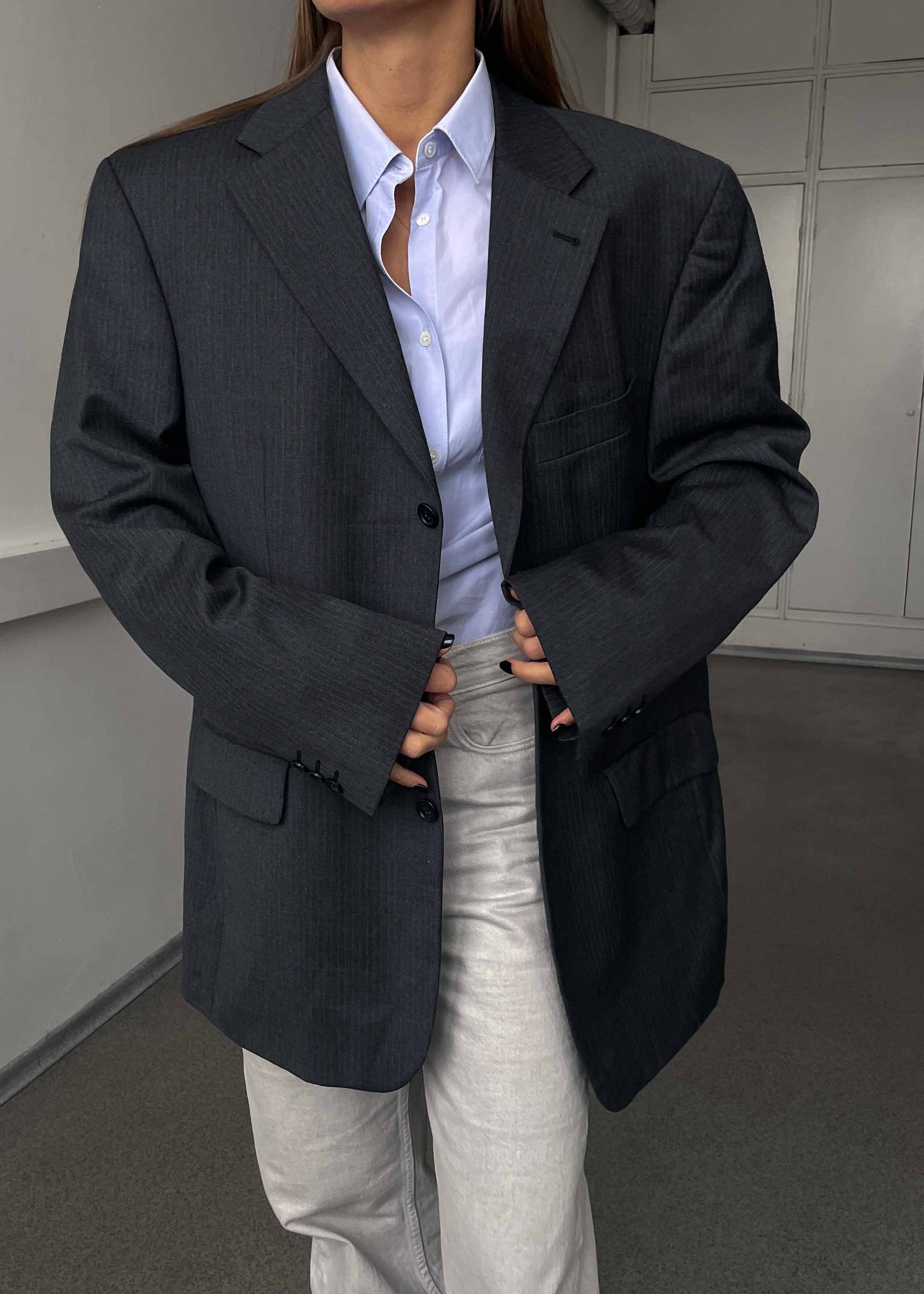 Vintage Grey Stripped Oversized 100% WOOL Blazer