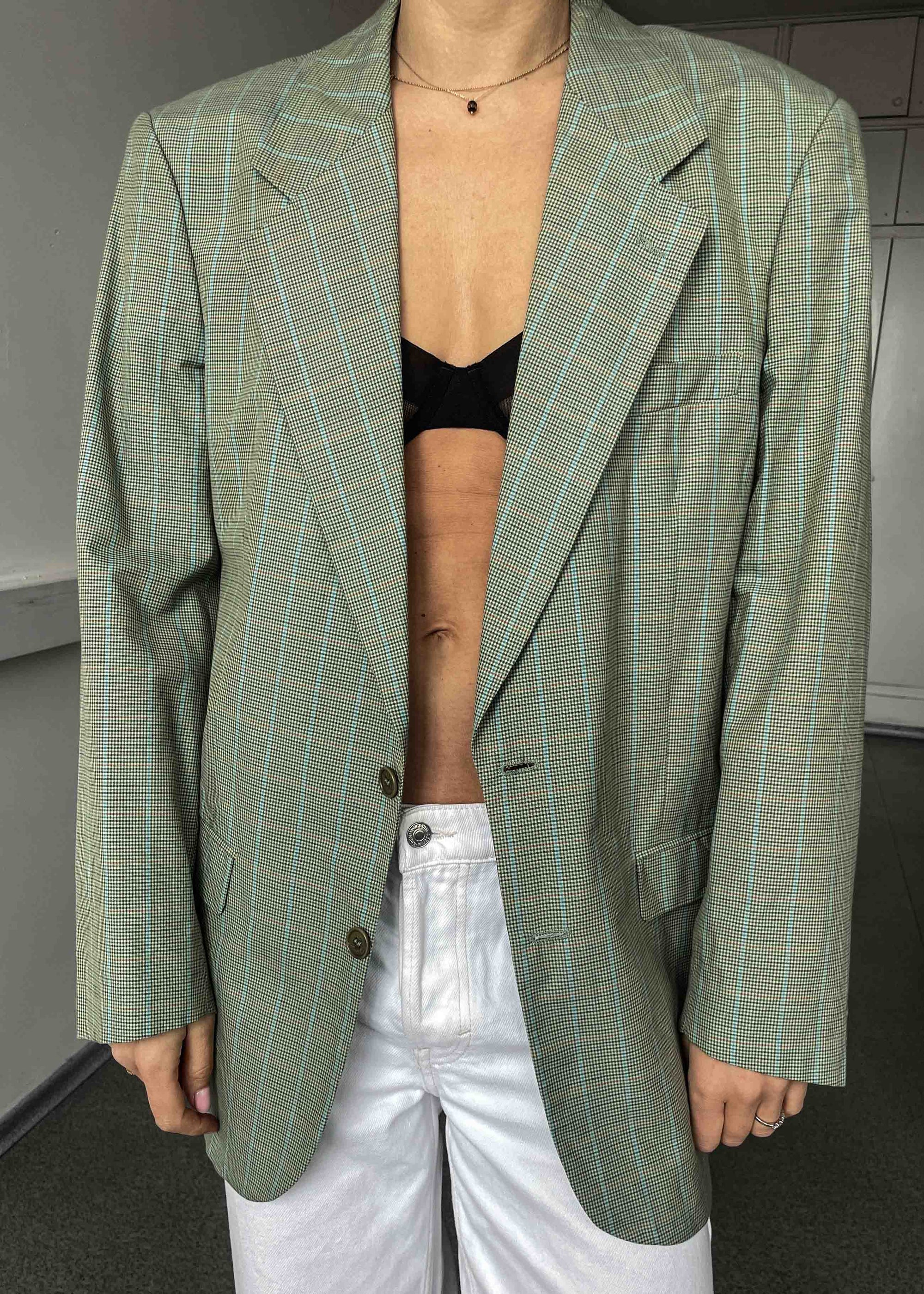 Vintage Mint Green Checked Oversized Cotton Blazer