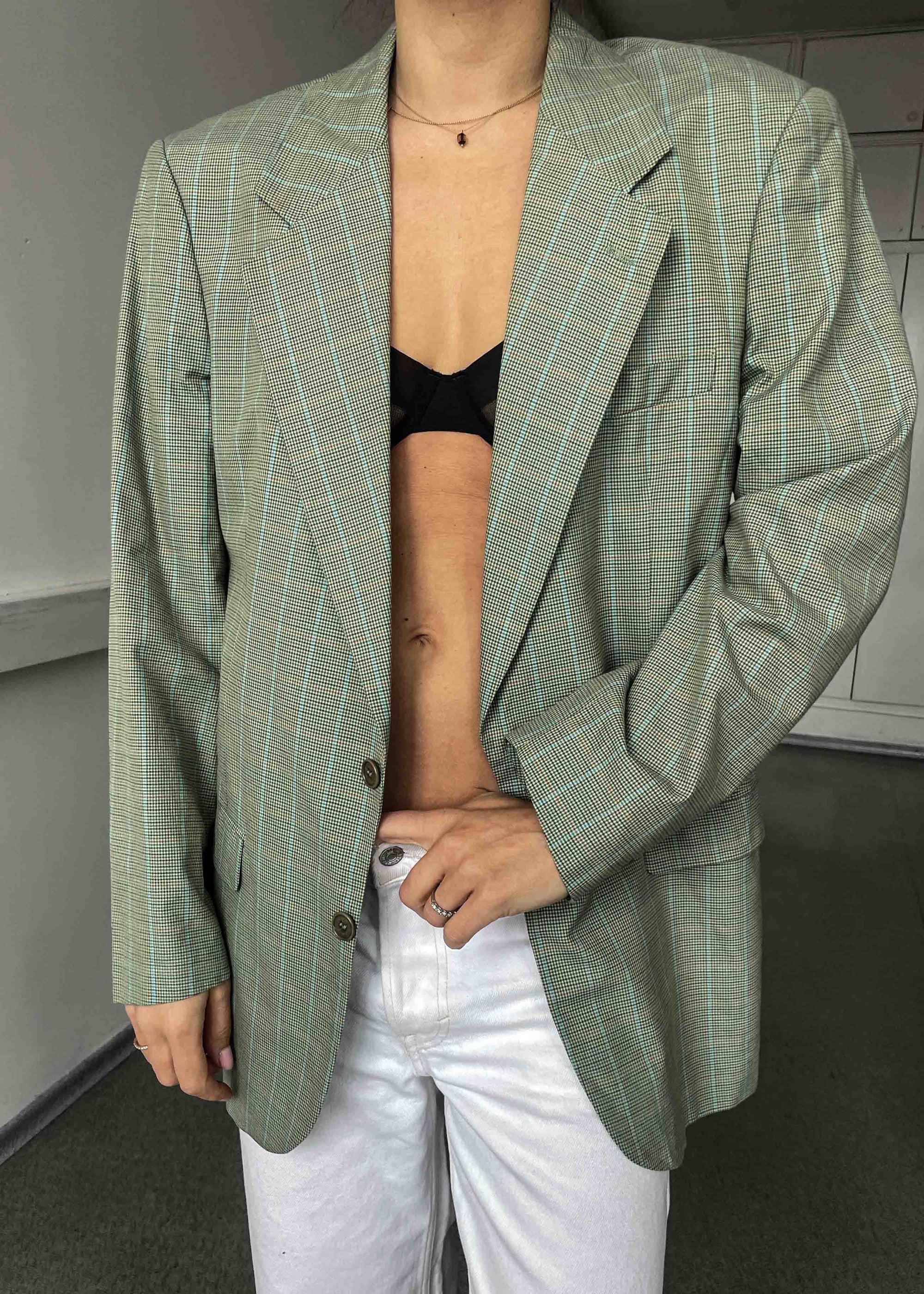 Vintage Mint Green Checked Oversized Cotton Blazer