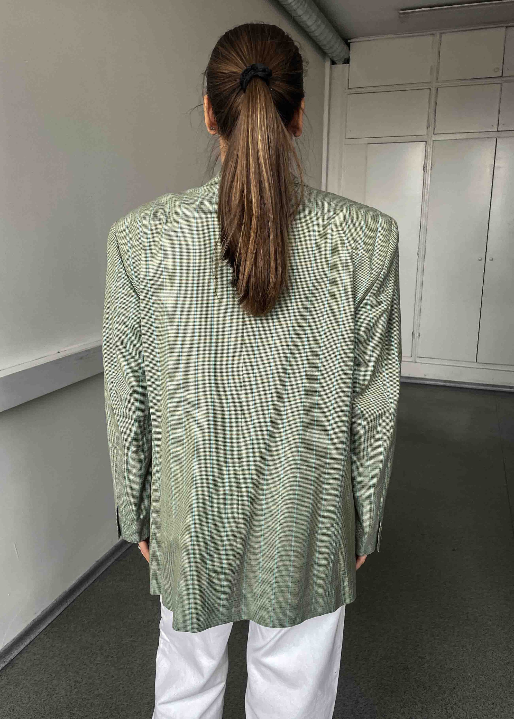 Vintage Mint Green Checked Oversized Cotton Blazer