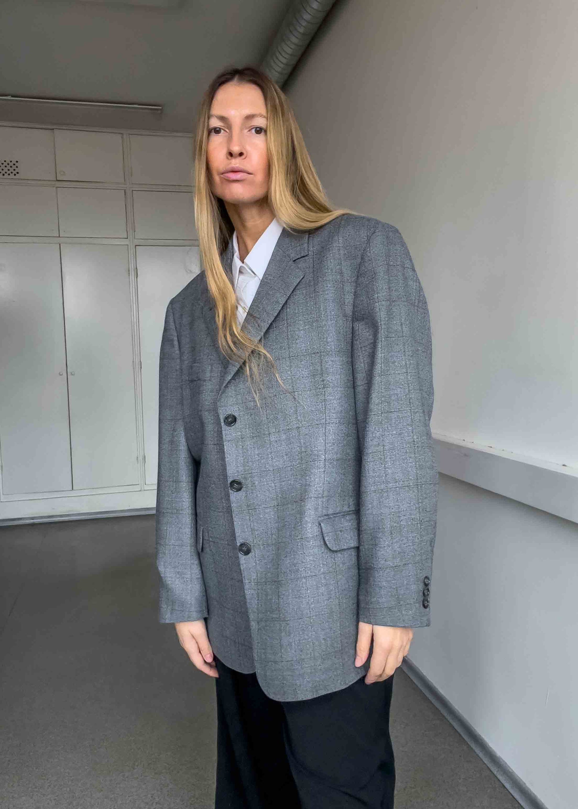 Vintage Grey Checked Oversized Blazer