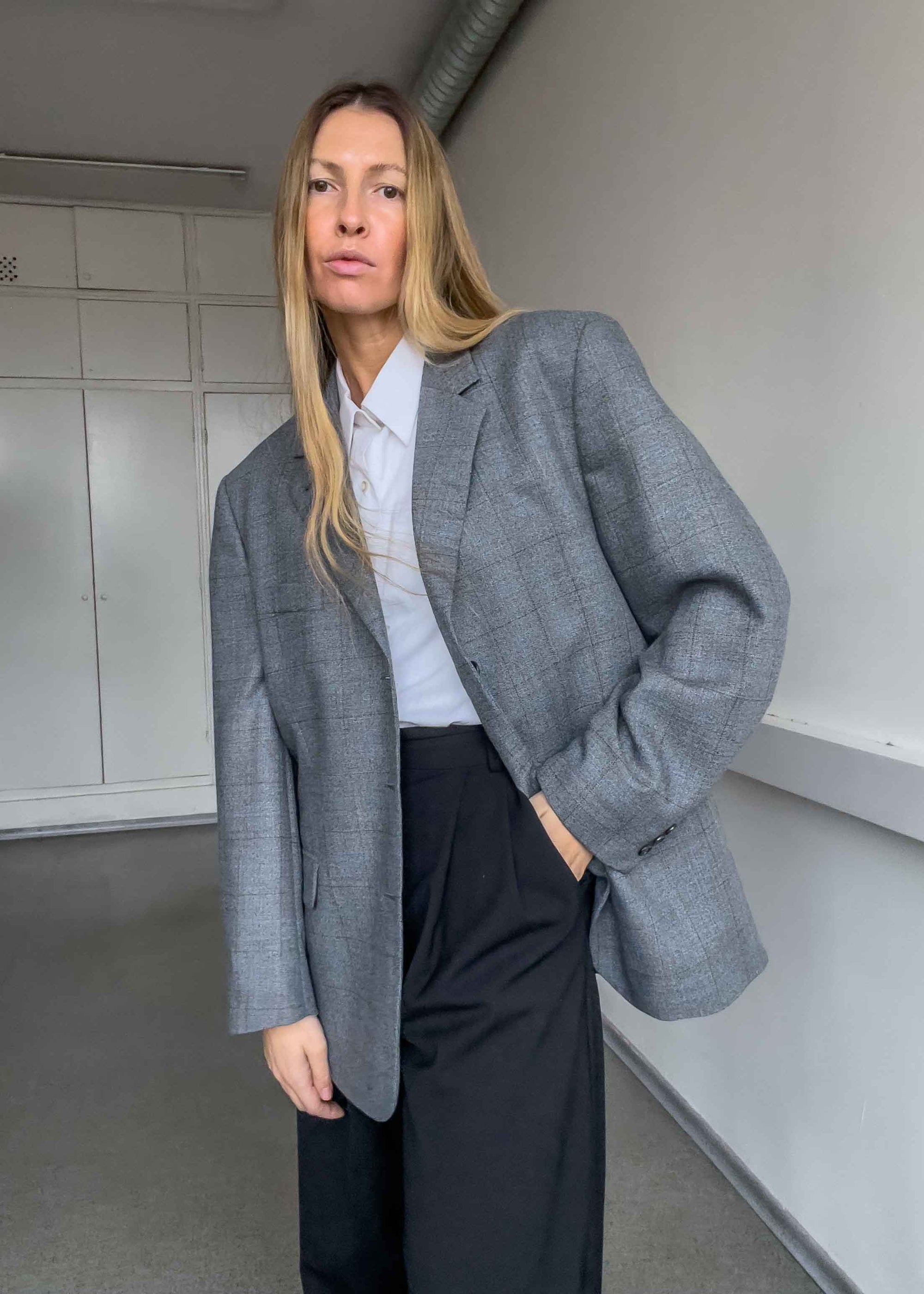 Vintage Grey Checked Oversized Blazer