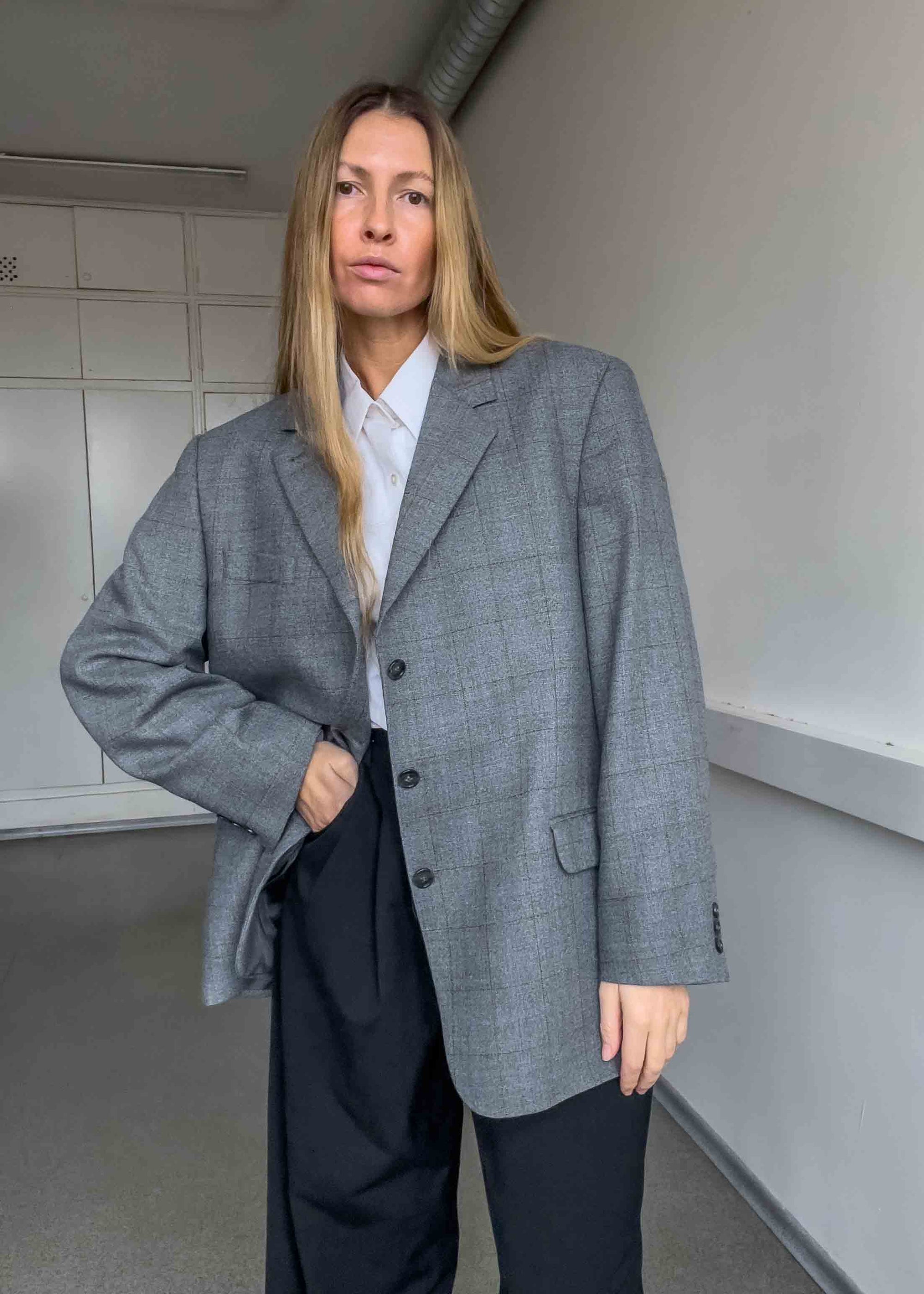 Vintage Grey Checked Oversized Blazer