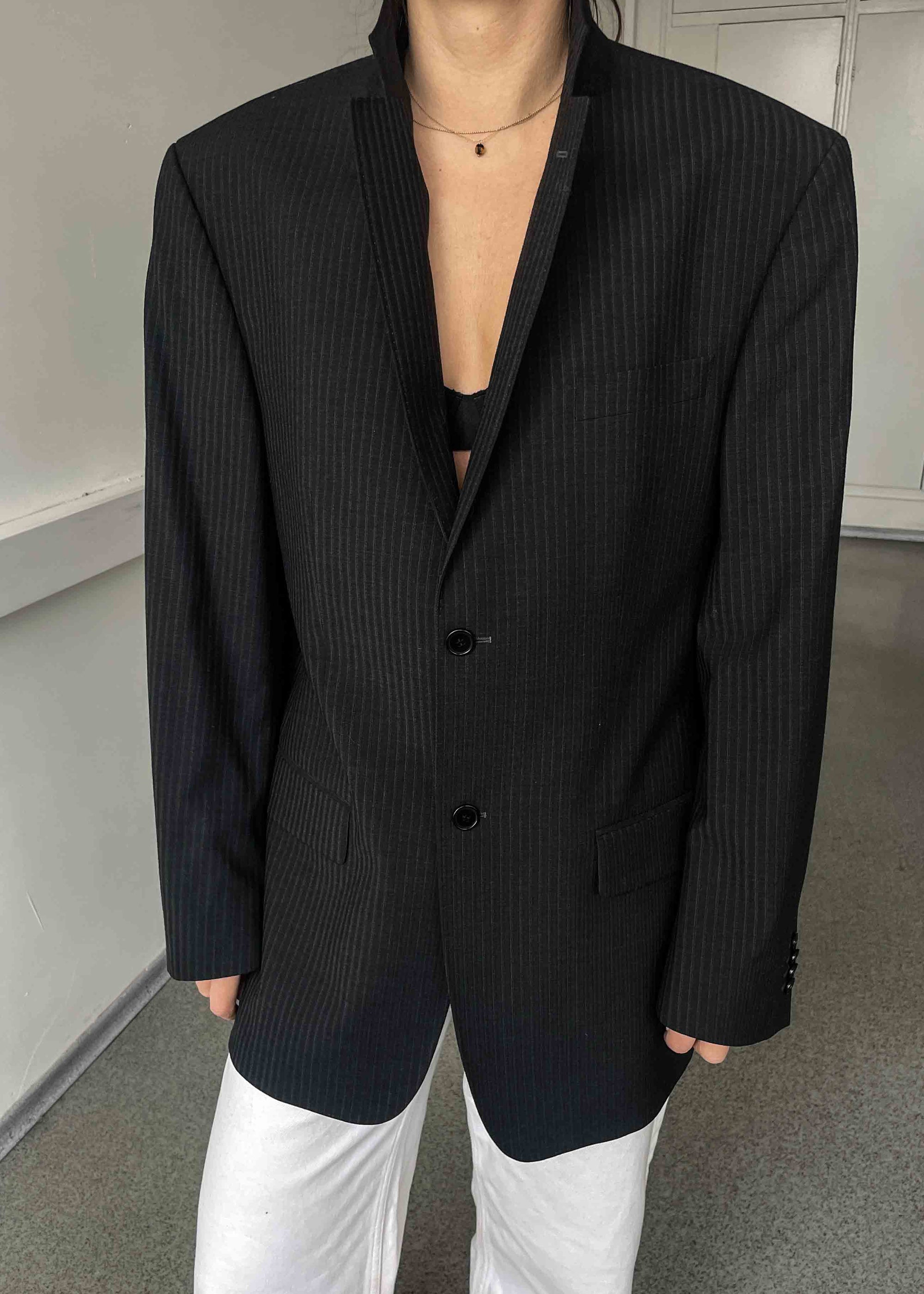 Vintage Dark Grey Striped Oversized 100% WOOL Blazer