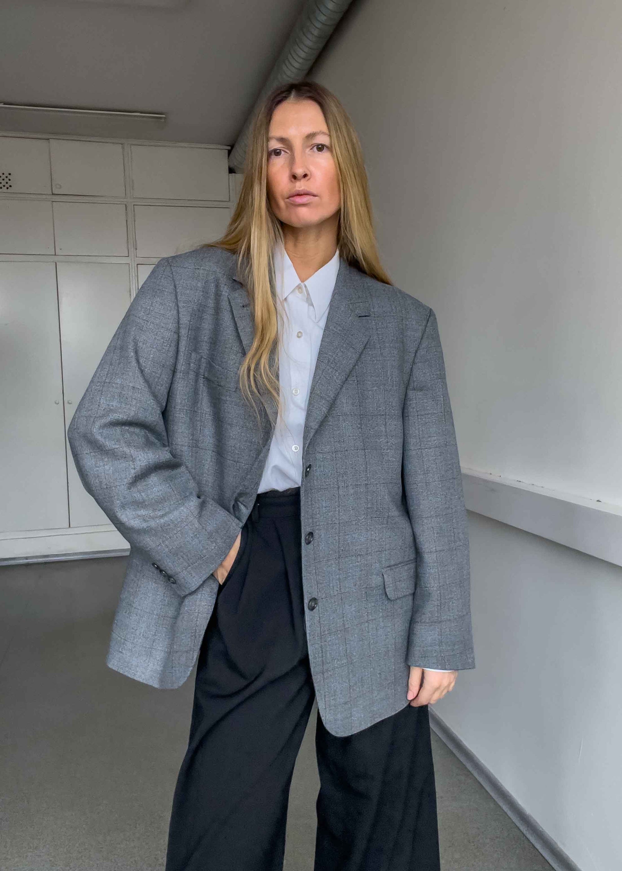 Vintage Grey Checked Oversized Blazer