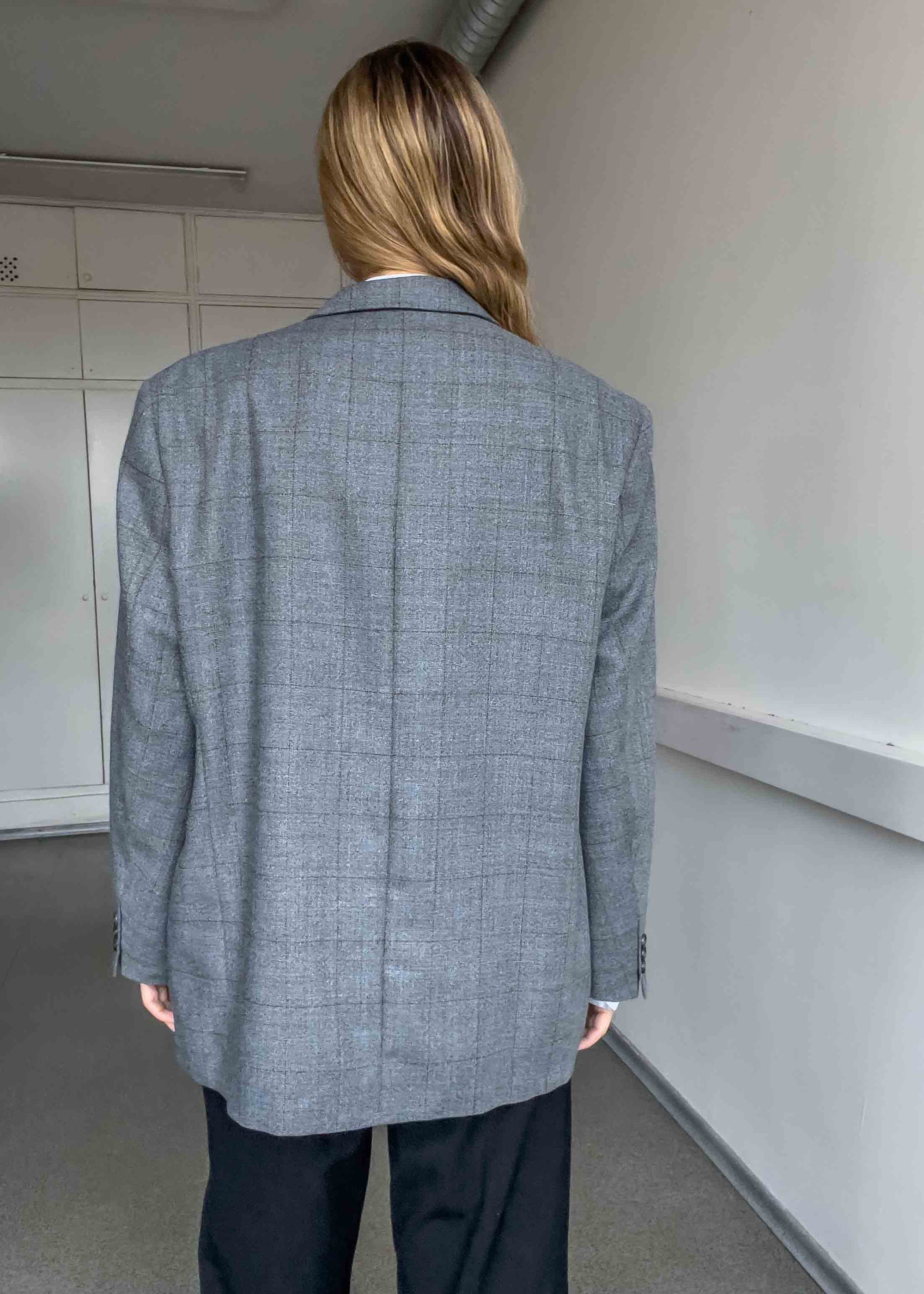 Vintage Grey Checked Oversized Blazer