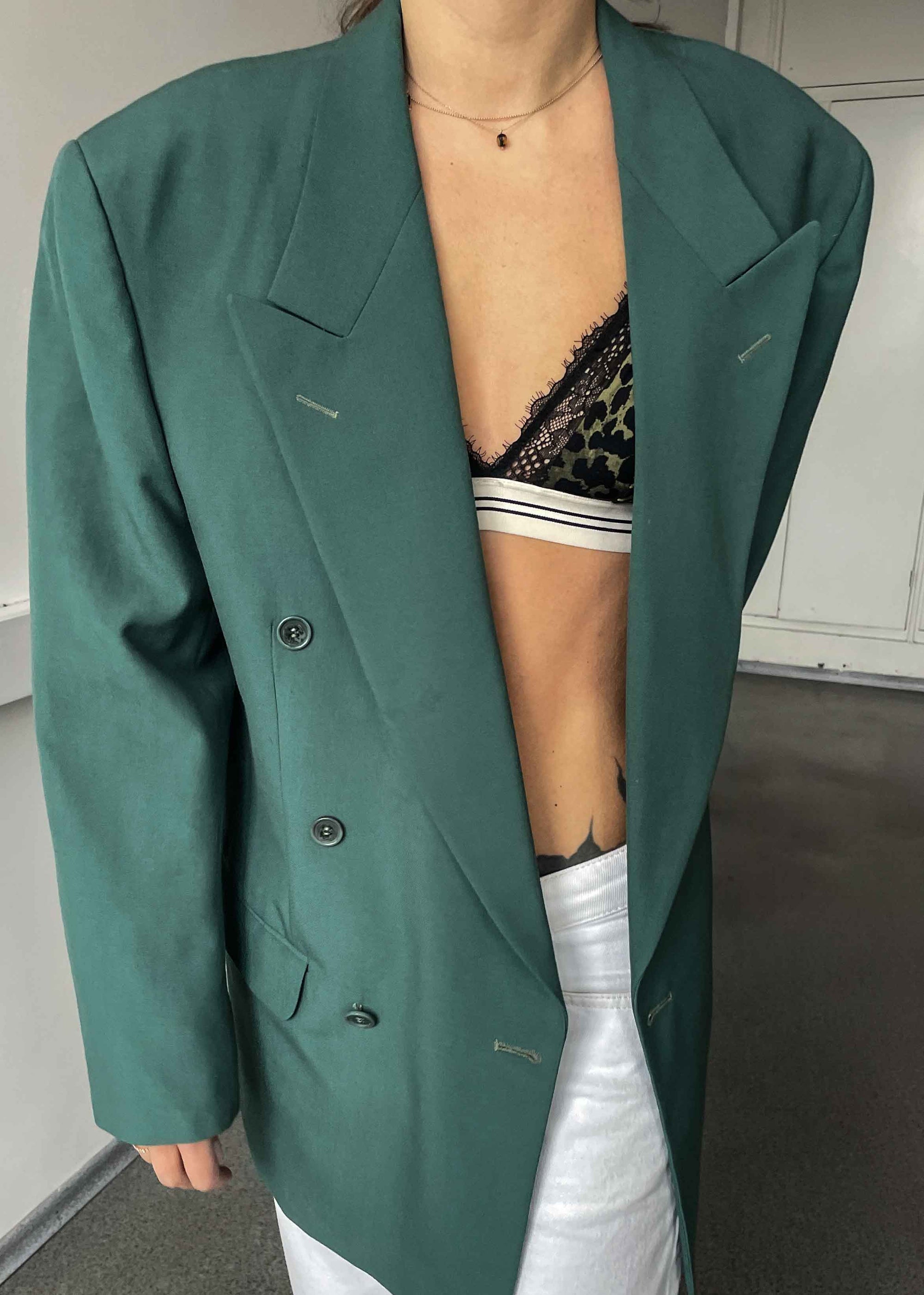 Vintage Bottle Green Oversized Double Breasted Blazer