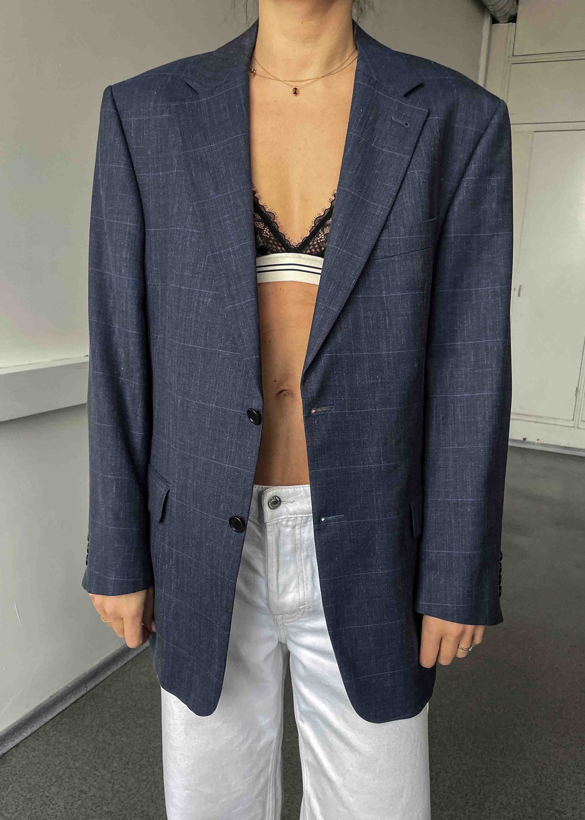 Vintage Blue Patterned Oversized Wool Linen & Silk Blazer