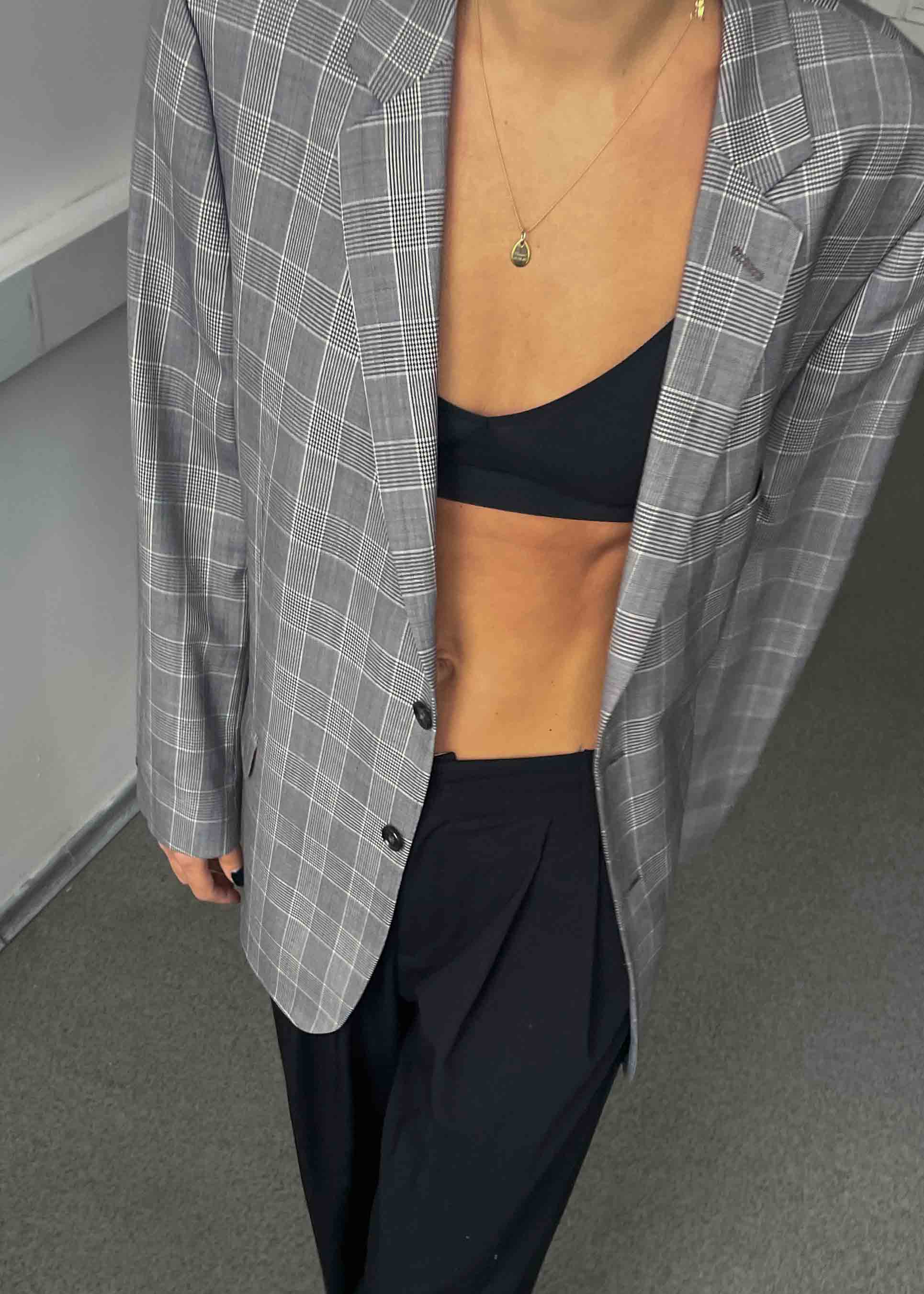 Vintage Grey  Checked Oversized Blazer