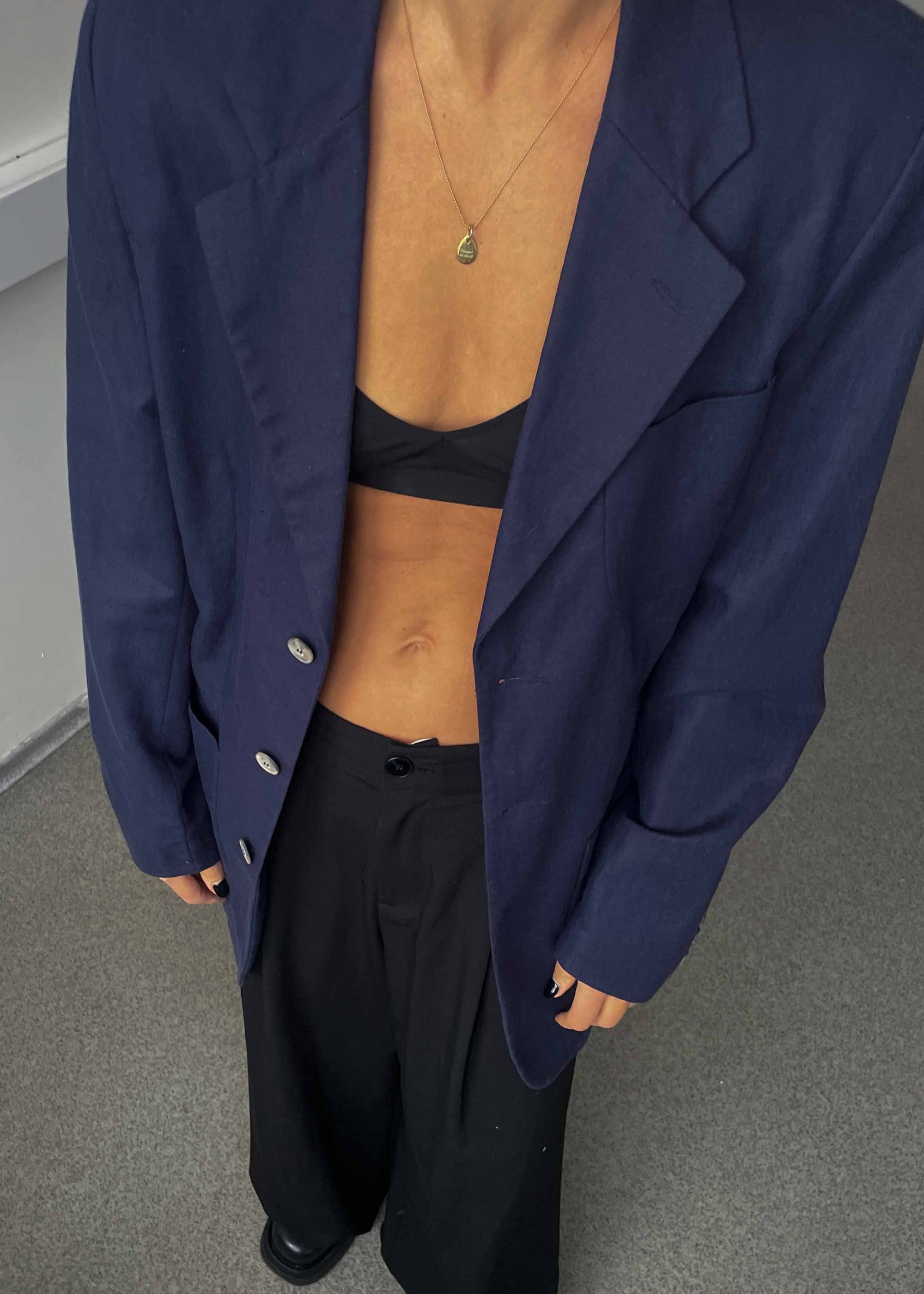 Vintage Dark Blue Oversized Linen Blazer