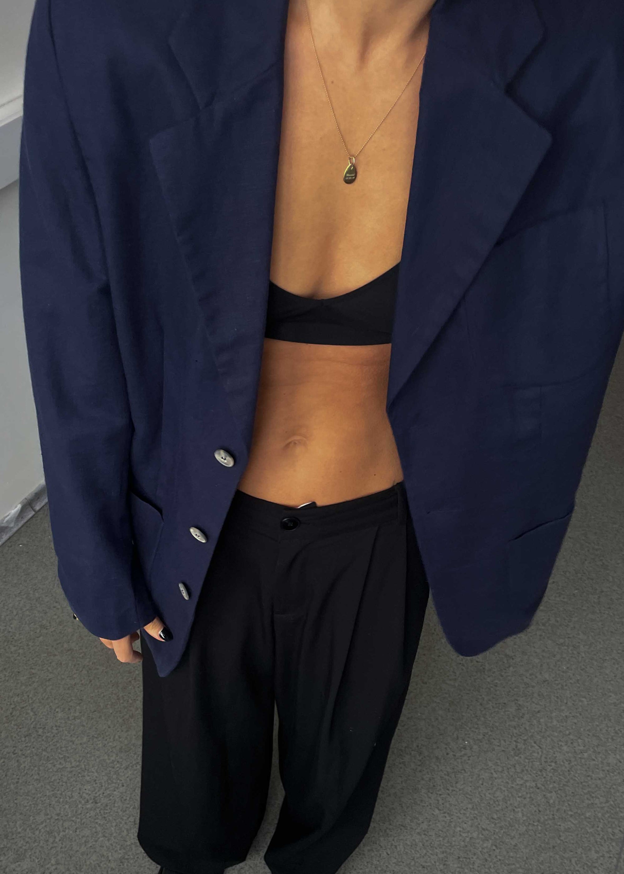 Vintage Dark Blue Oversized Linen Blazer