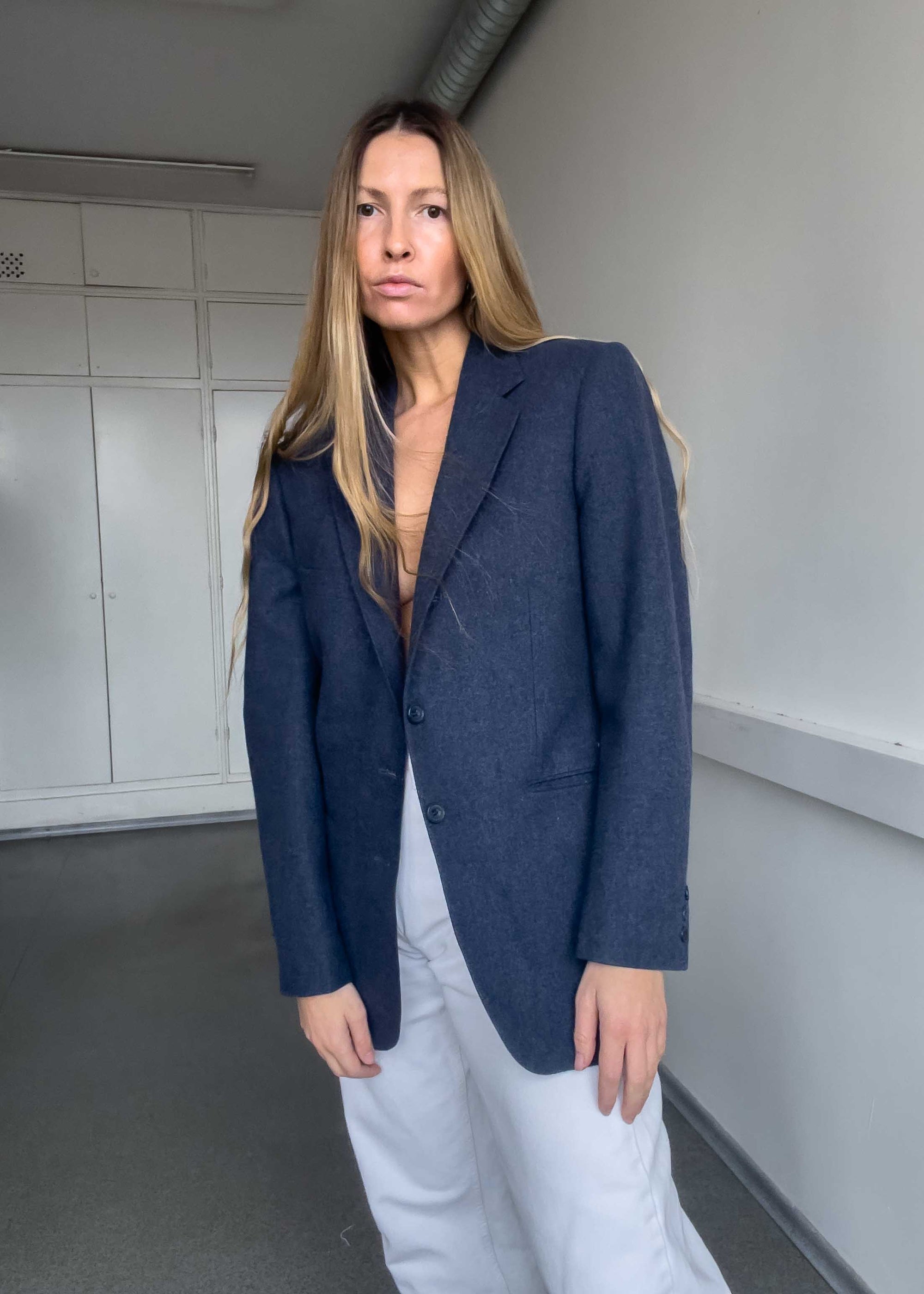 Vintage Blue Brushed Wool Oversized Blazer