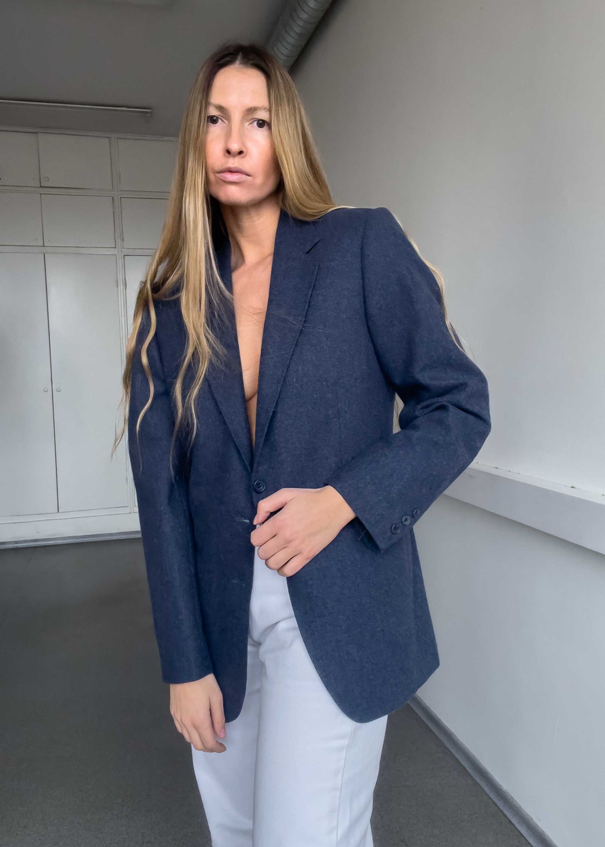 Vintage Blue Brushed Wool Oversized Blazer