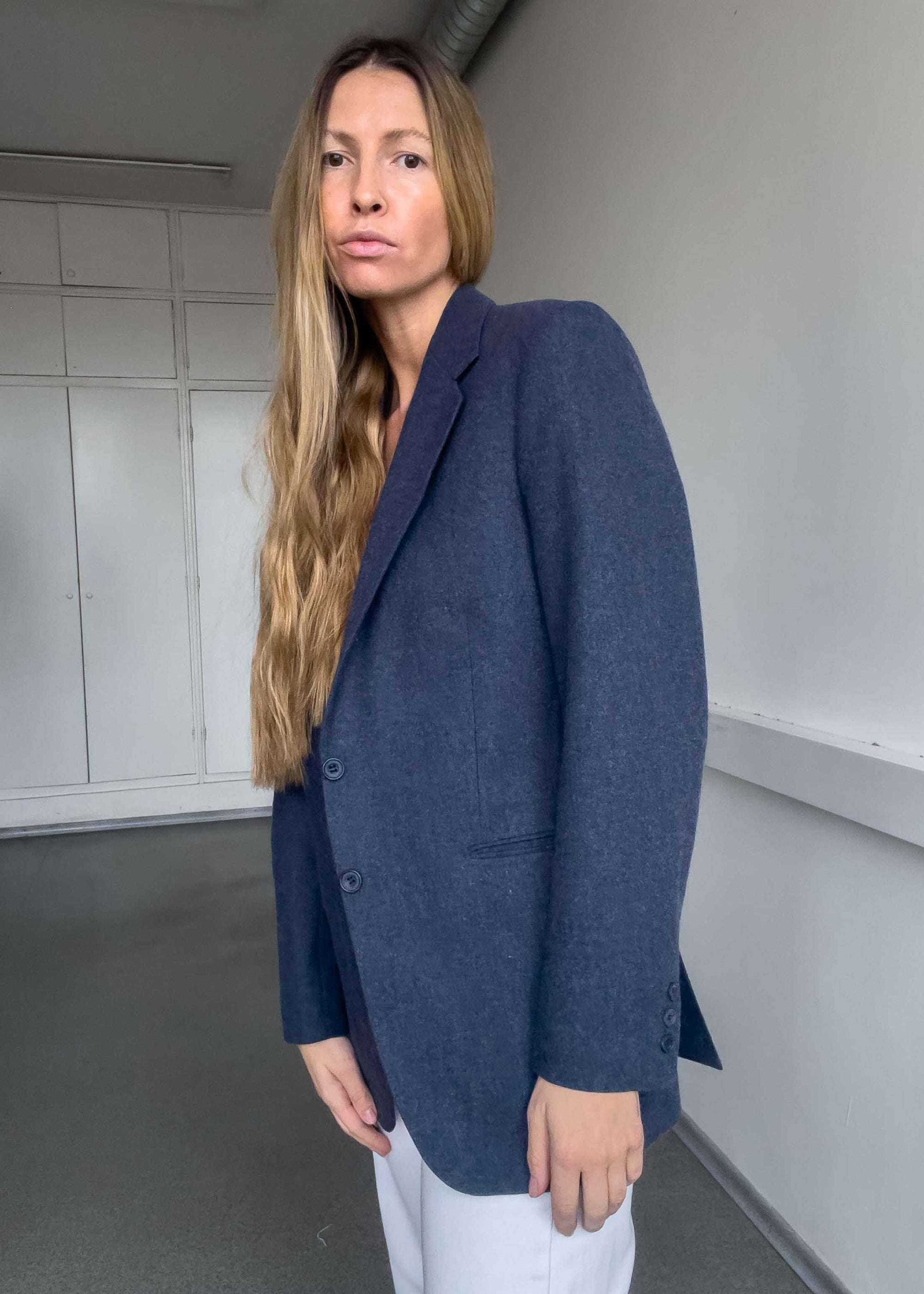 Vintage Blue Brushed Wool Oversized Blazer