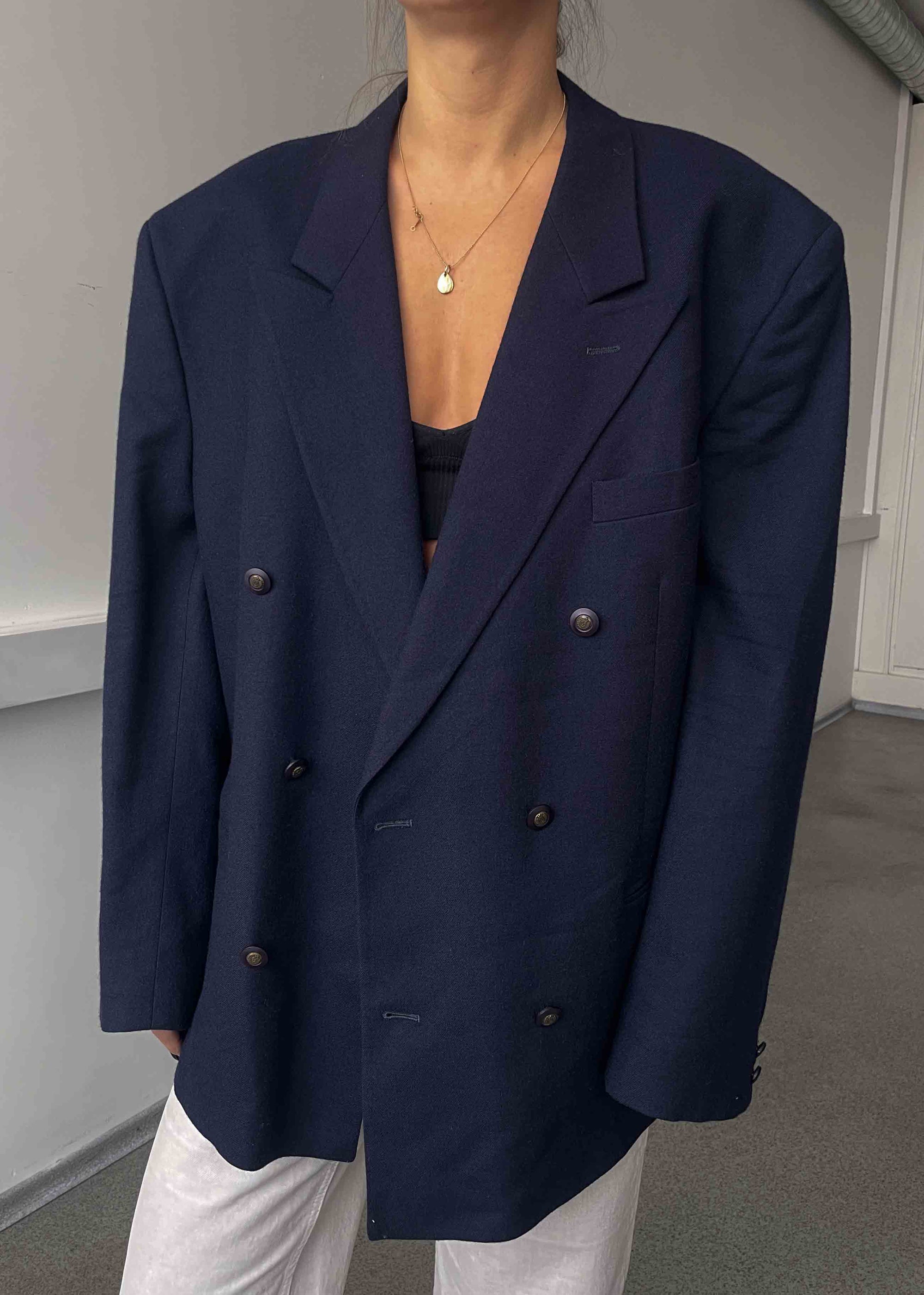 Vintage Navy Blue Brushed Wool Oversized Blazer