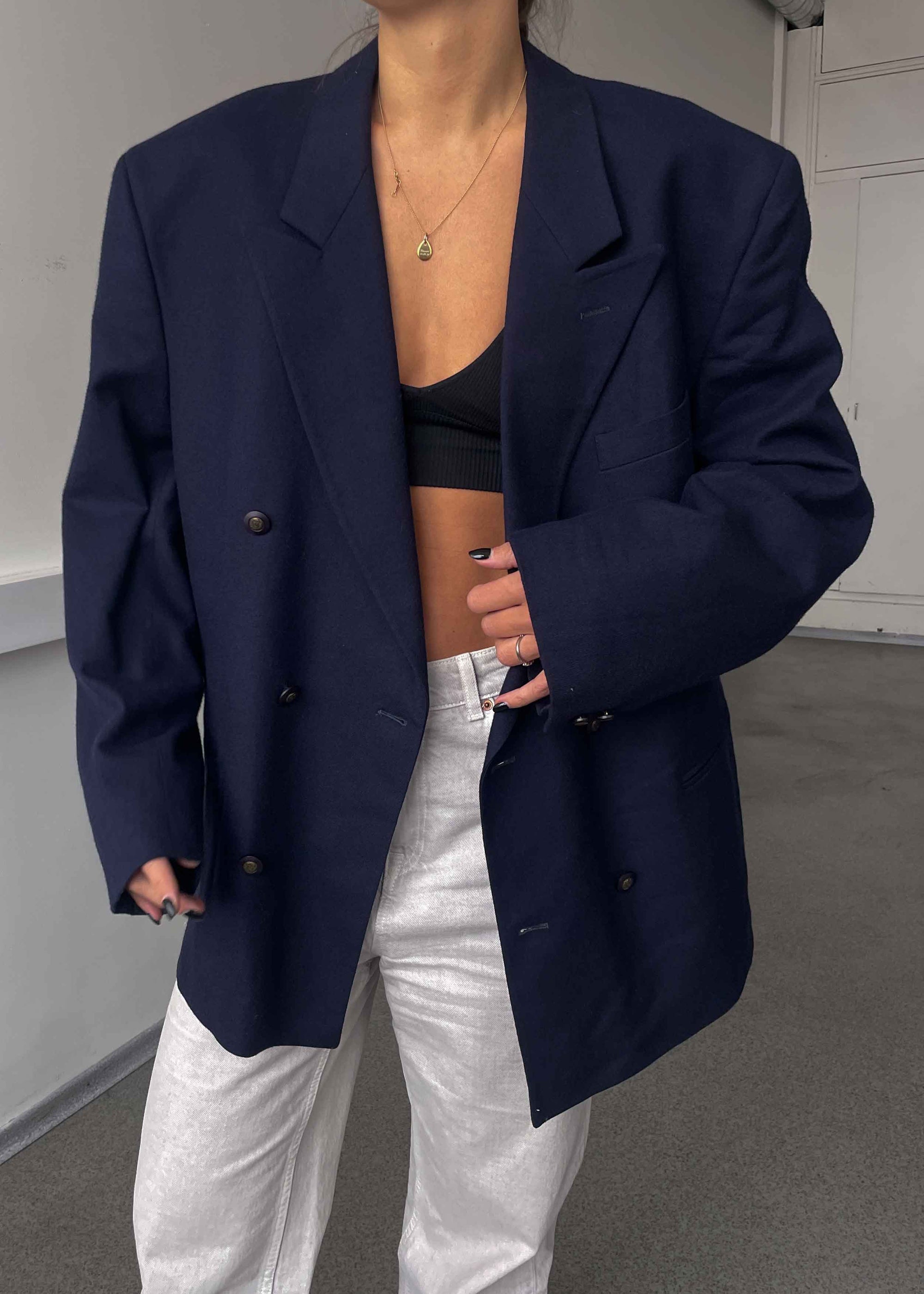 Vintage Navy Blue Brushed Wool Oversized Blazer
