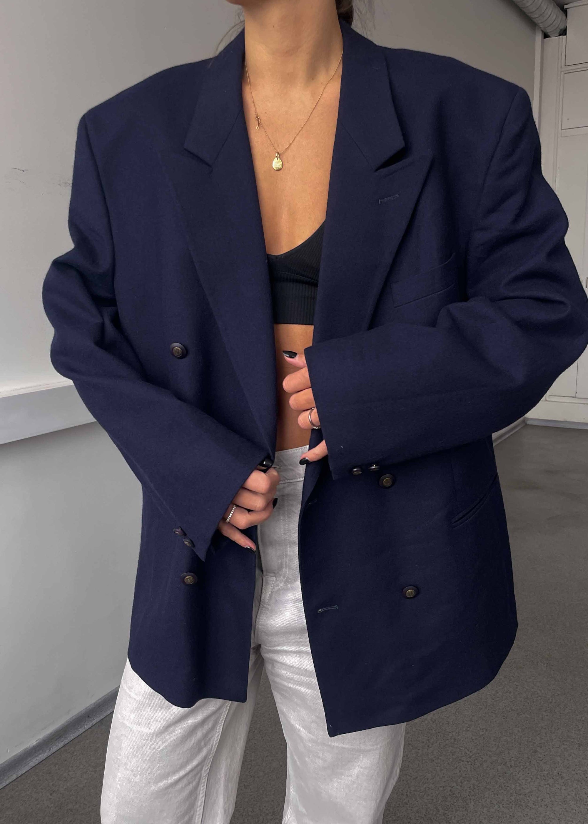 Vintage Navy Blue Brushed Wool Oversized Blazer