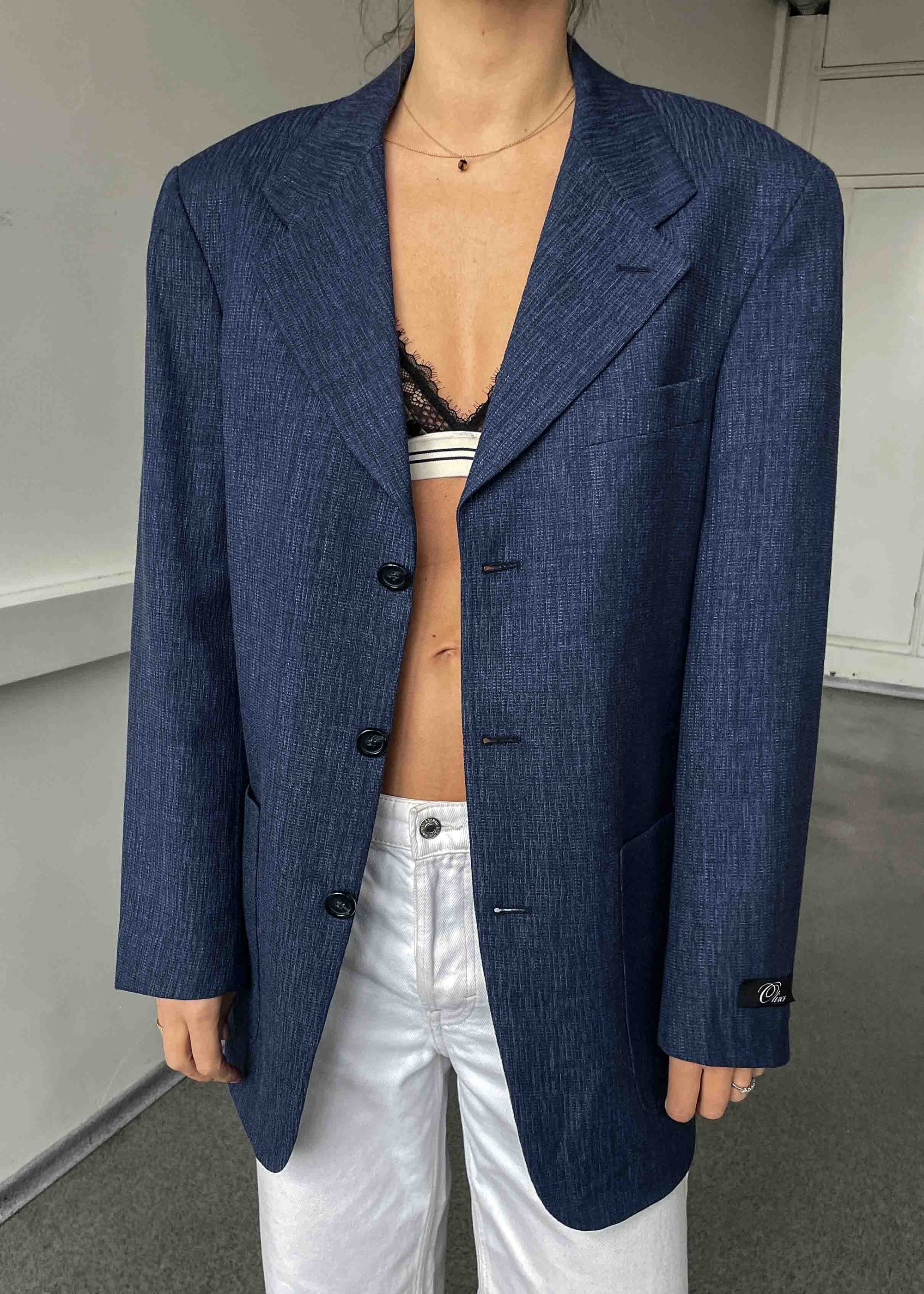 Vintage Blue Patterned Oversized Linen Blazer