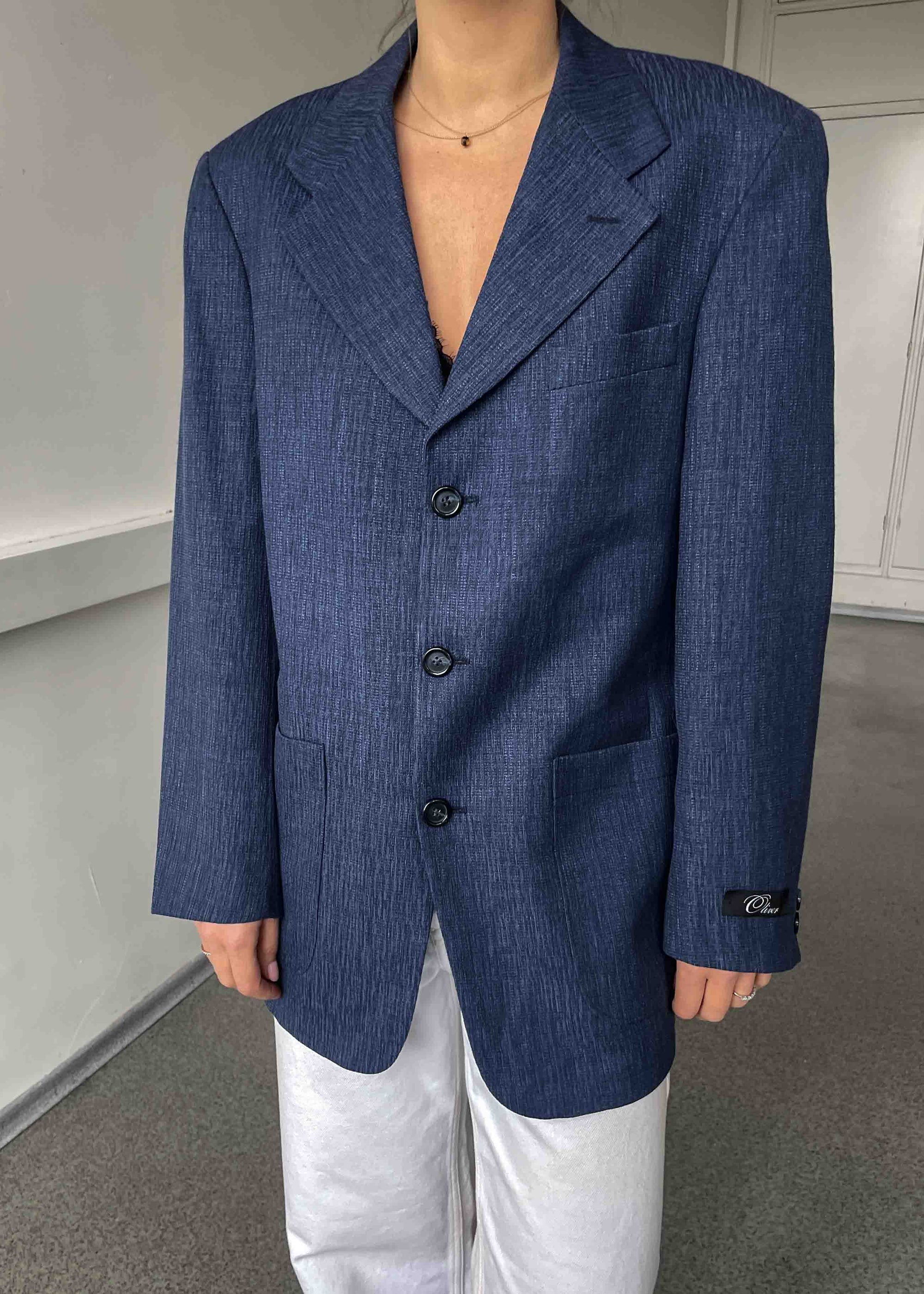 Vintage Blue Patterned Oversized Linen Blazer