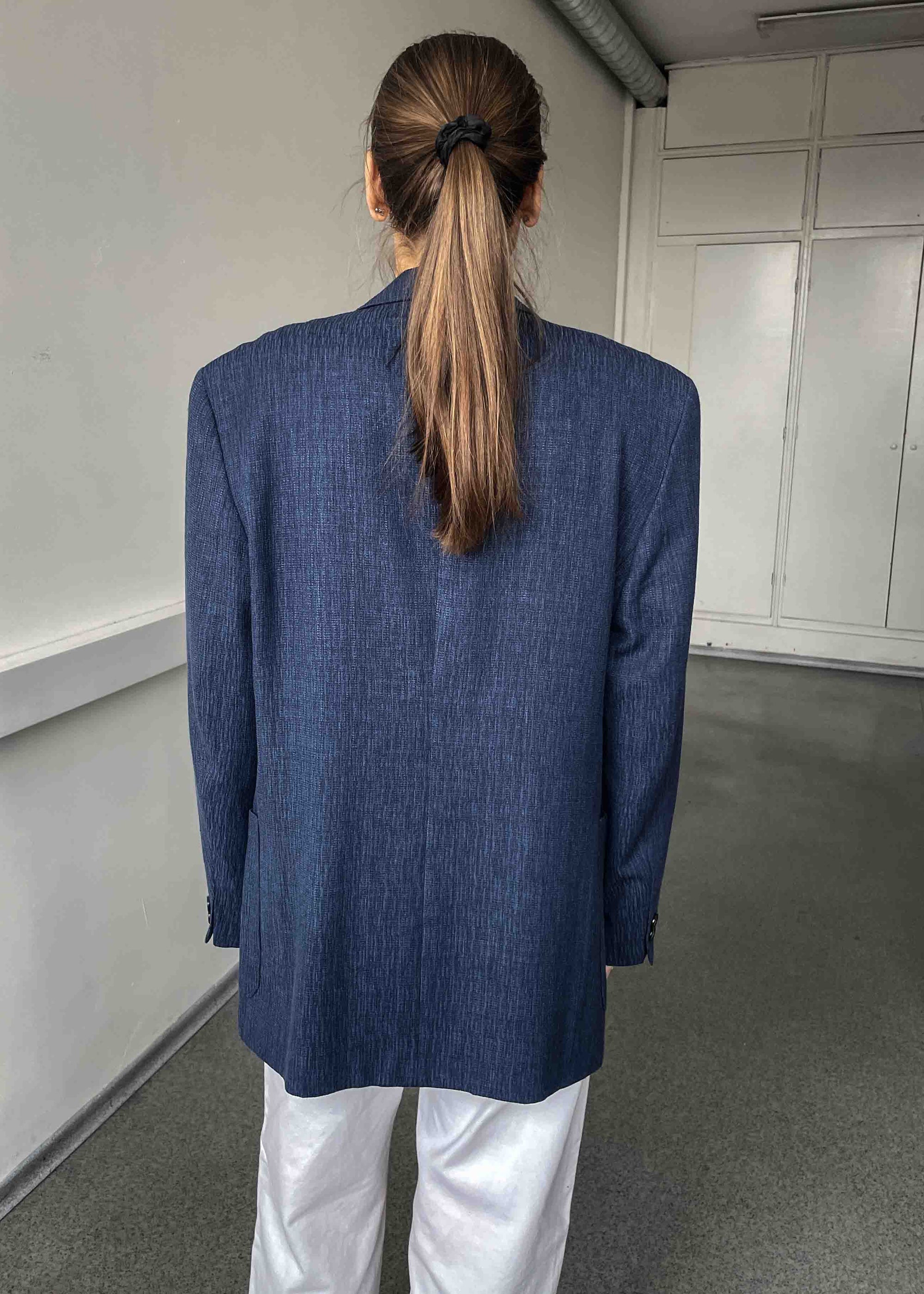 Vintage Blue Patterned Oversized Linen Blazer