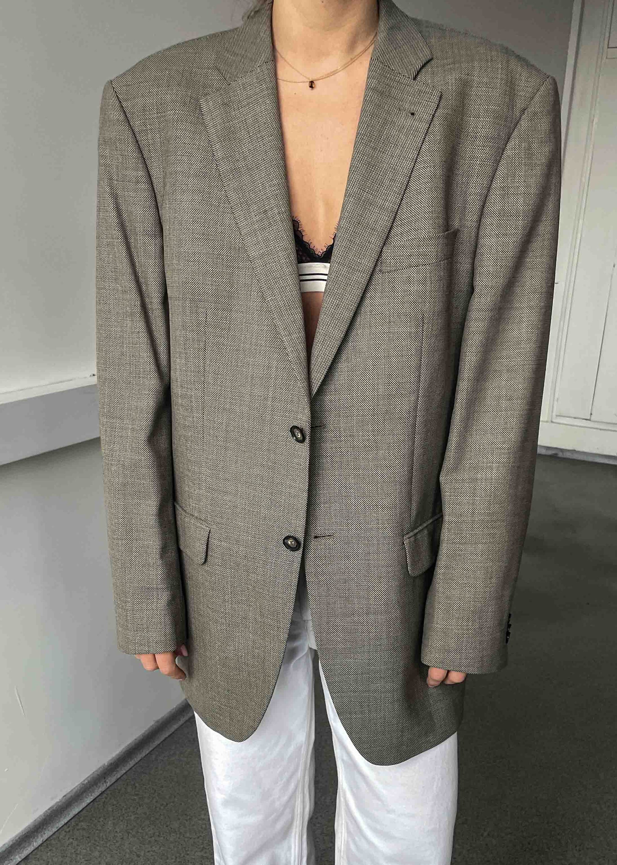 Vintage Khaki / Grey Patterned Oversized Blazer
