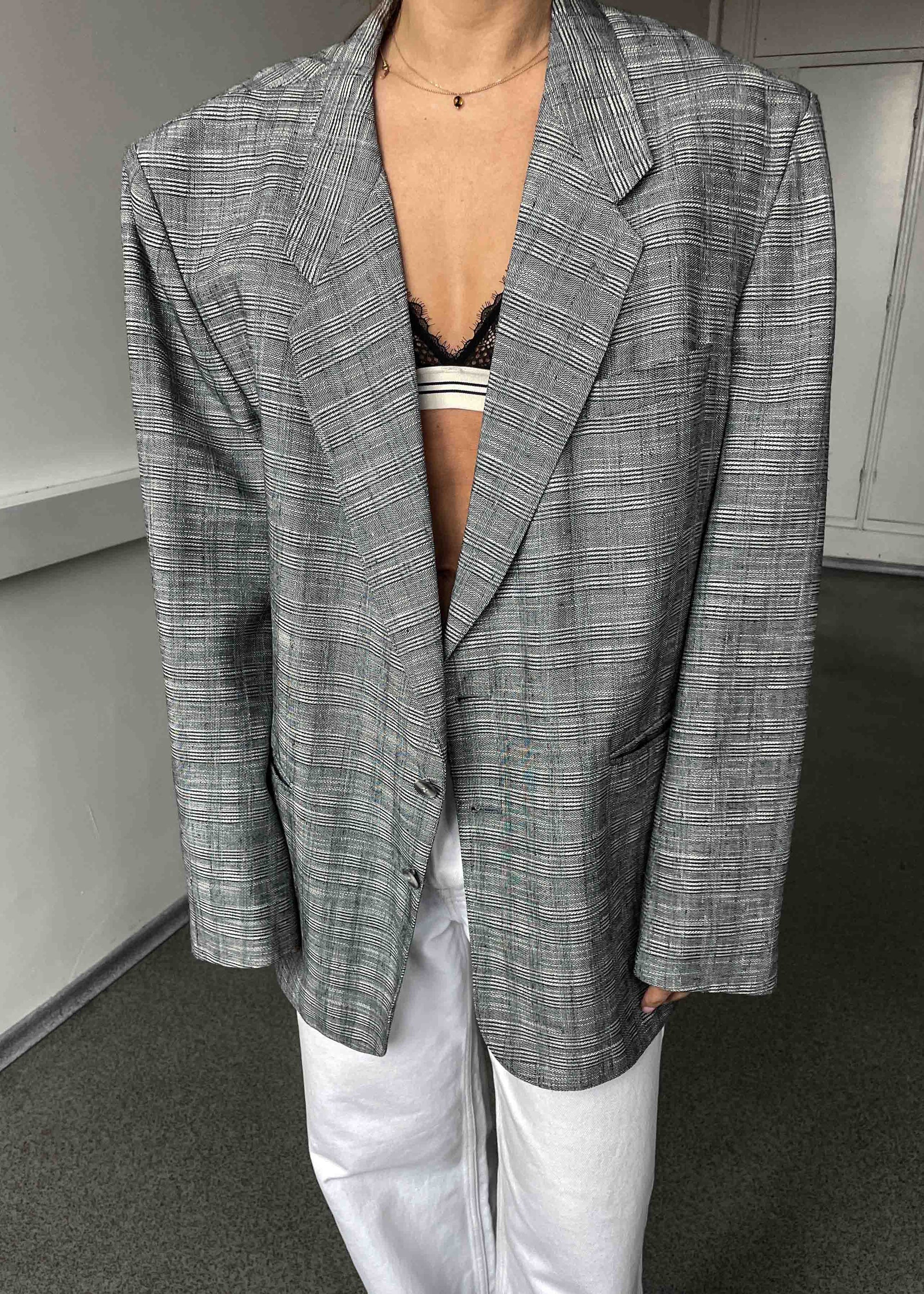 Vintage Light Grey Checked Oversized Blazer by TURO