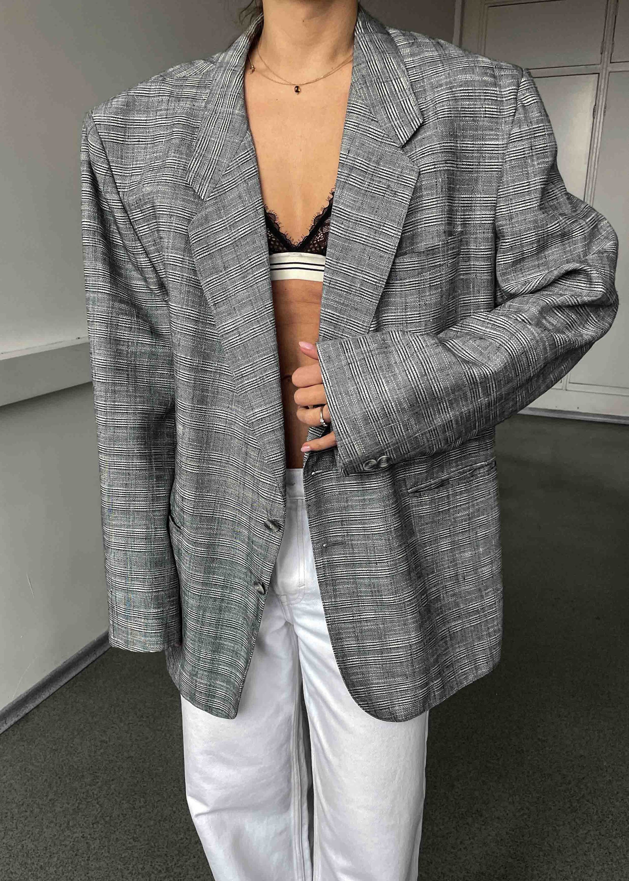 Vintage Light Grey Checked Oversized Blazer by TURO
