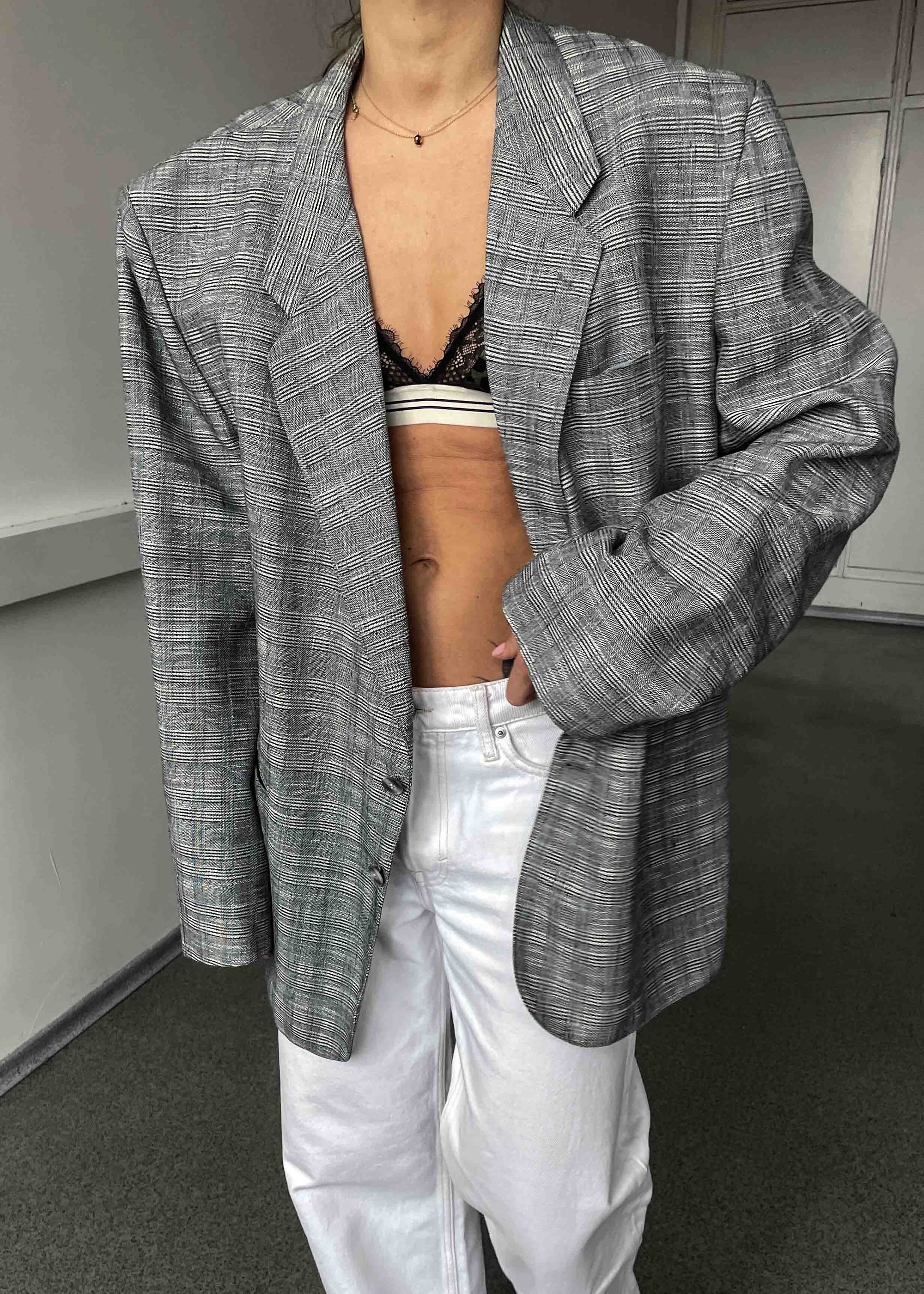 Vintage Light Grey Checked Oversized Blazer by TURO