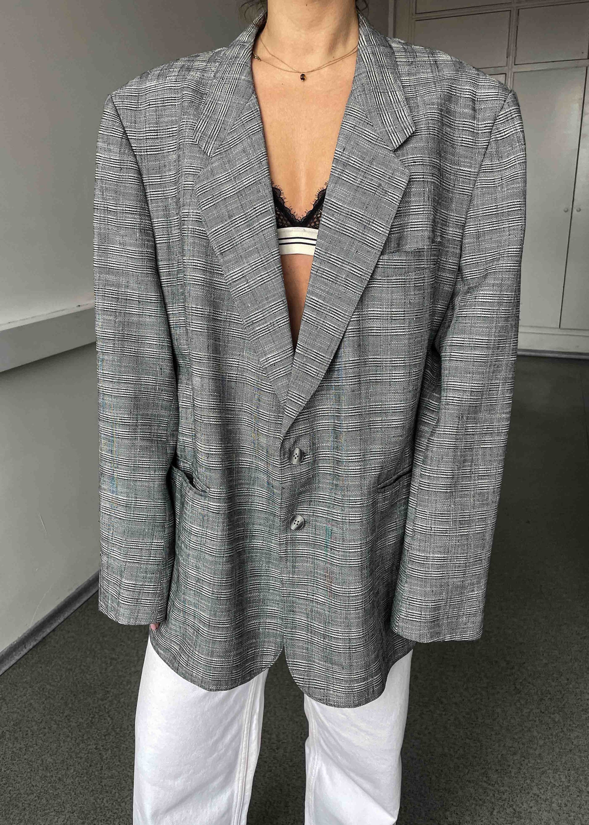 Vintage Light Grey Checked Oversized Blazer by TURO