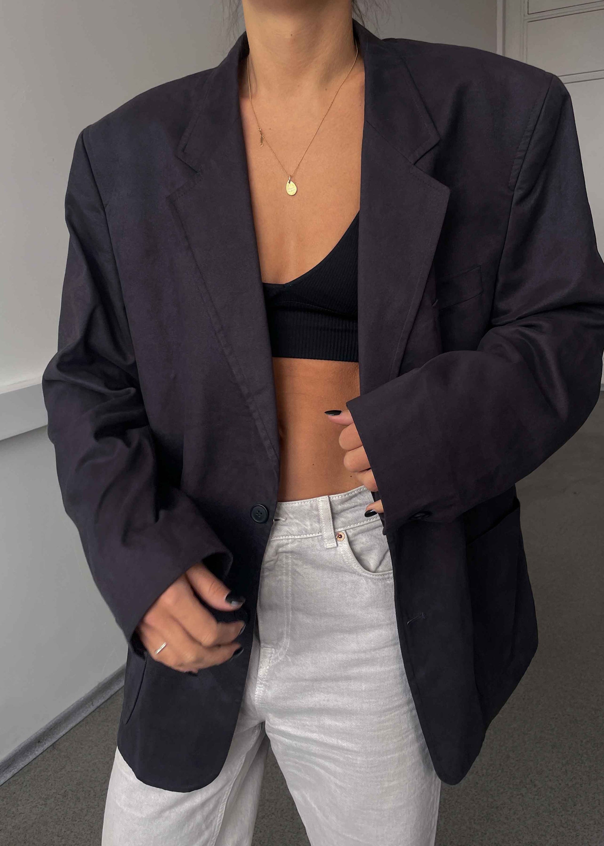Vintage Dark Grey Oversized Velvet Blazer