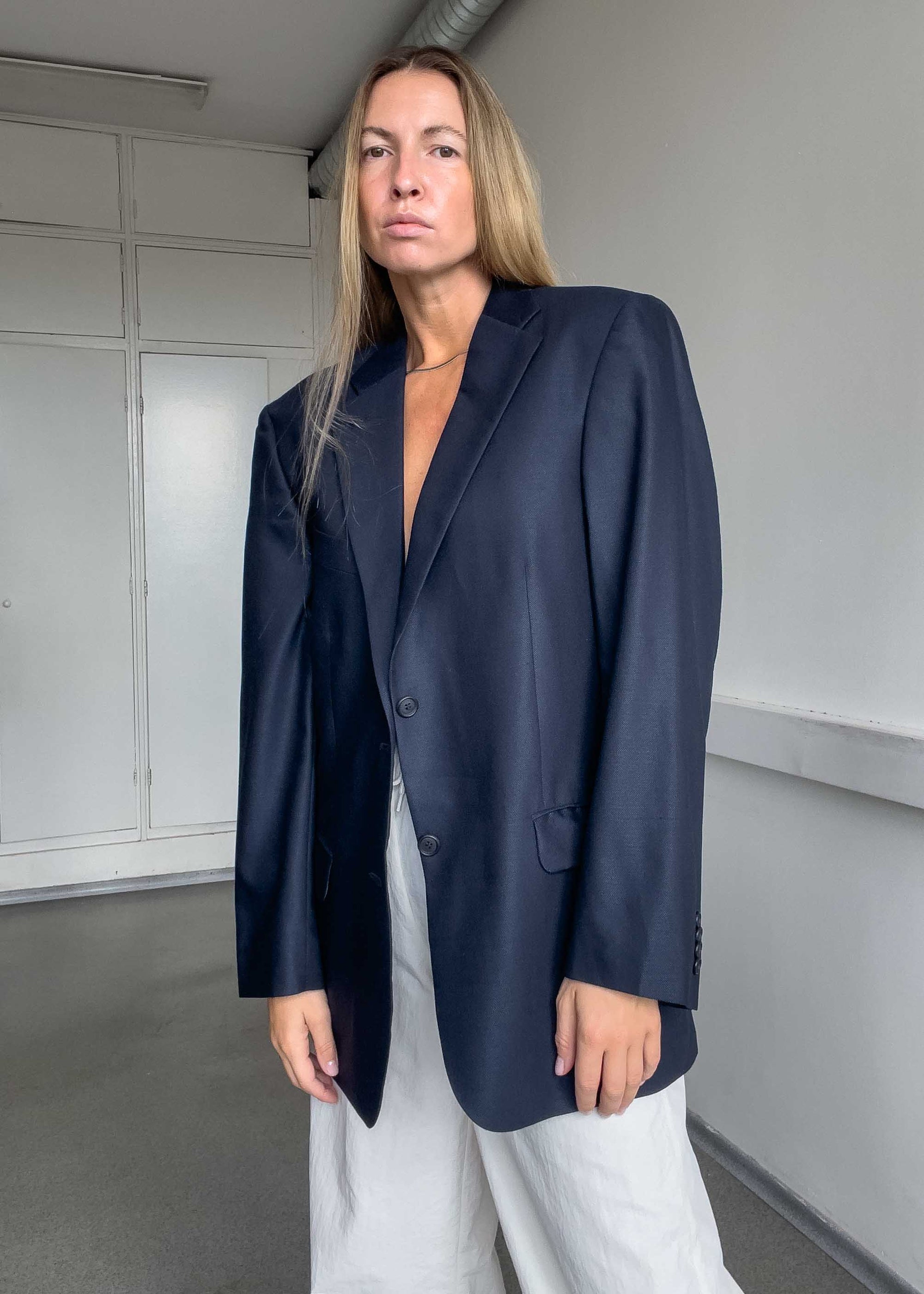 Vintage Navy Blue Oversized Silk Blazer