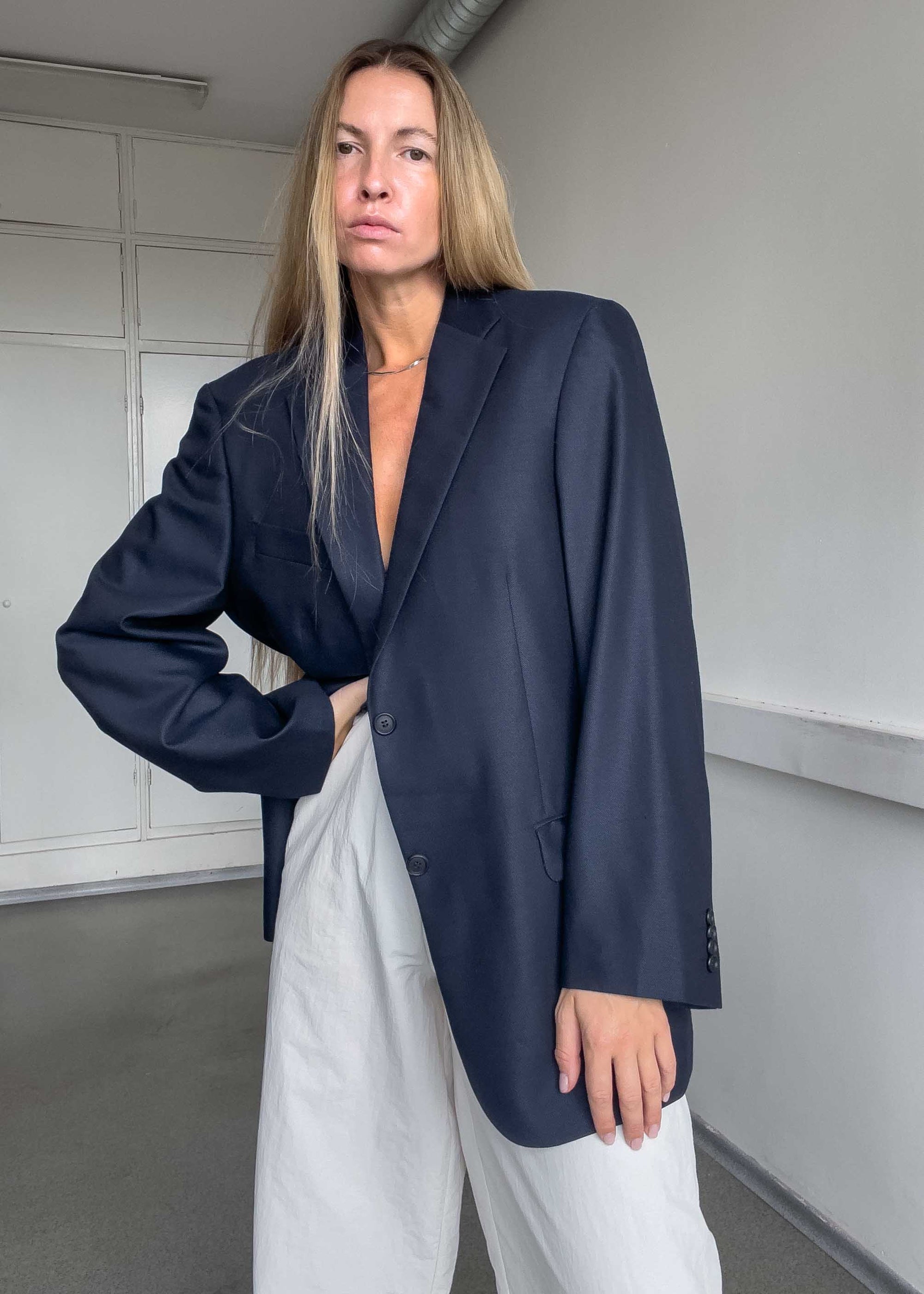 Vintage Navy Blue Oversized Silk Blazer