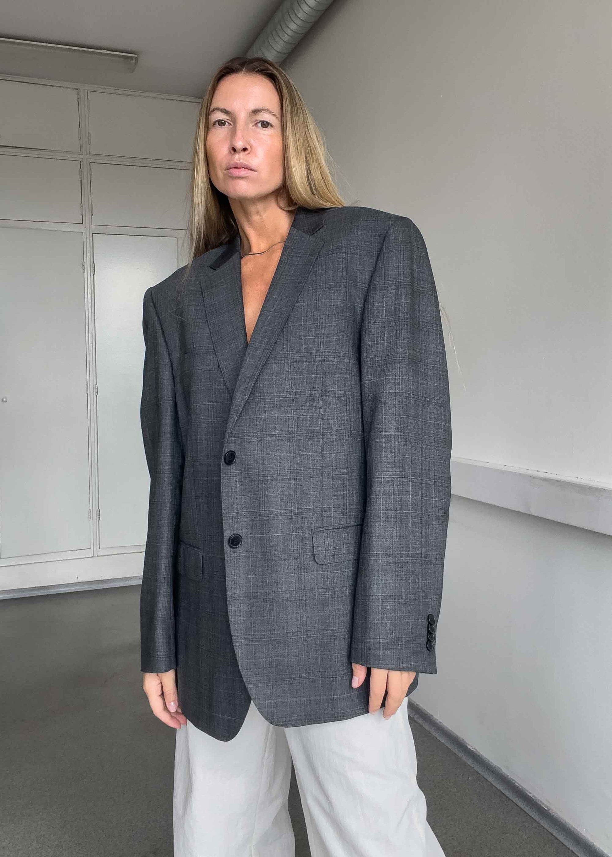 Vintage Grey Checked Oversized Blazer