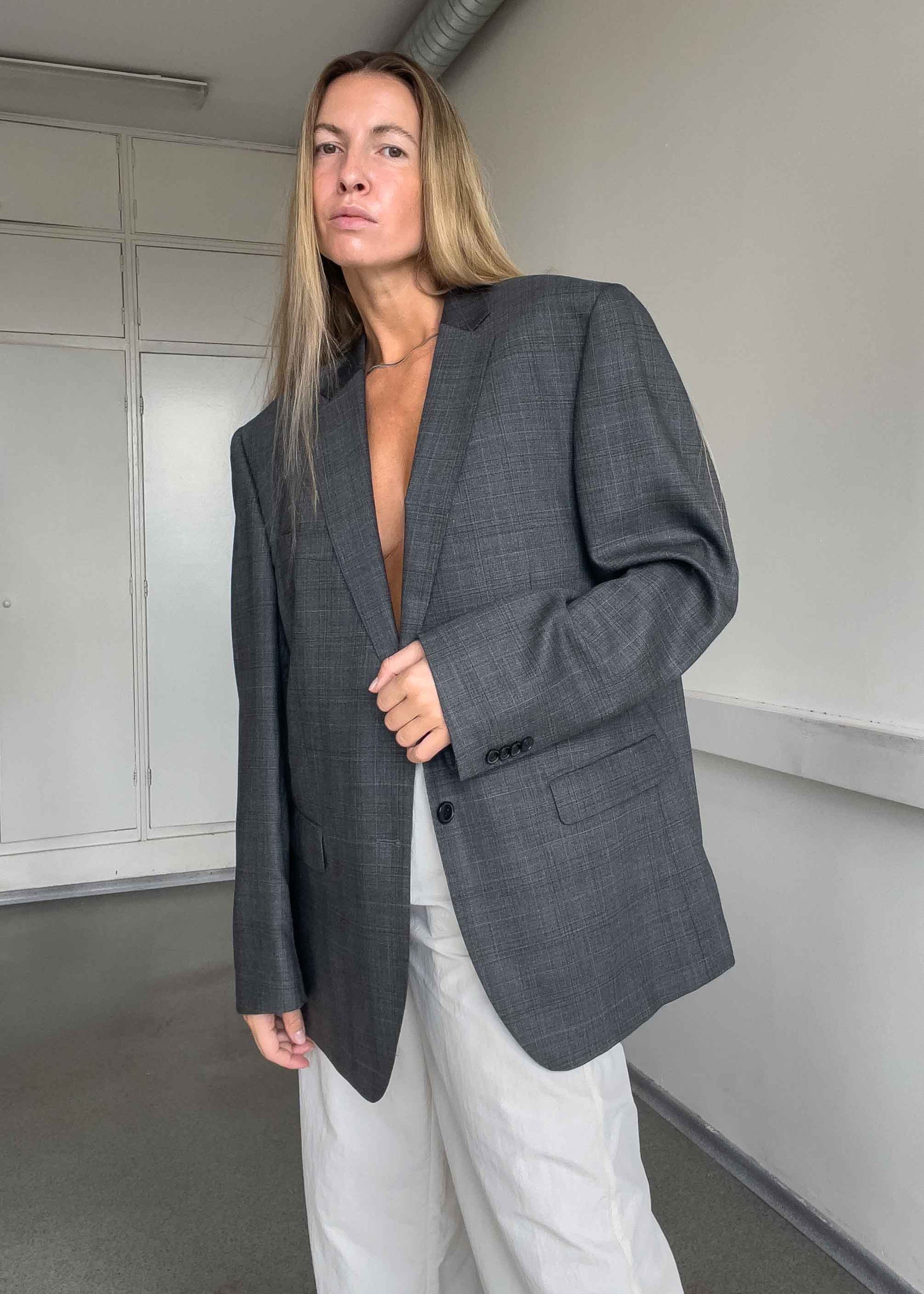Vintage Grey Checked Oversized Blazer