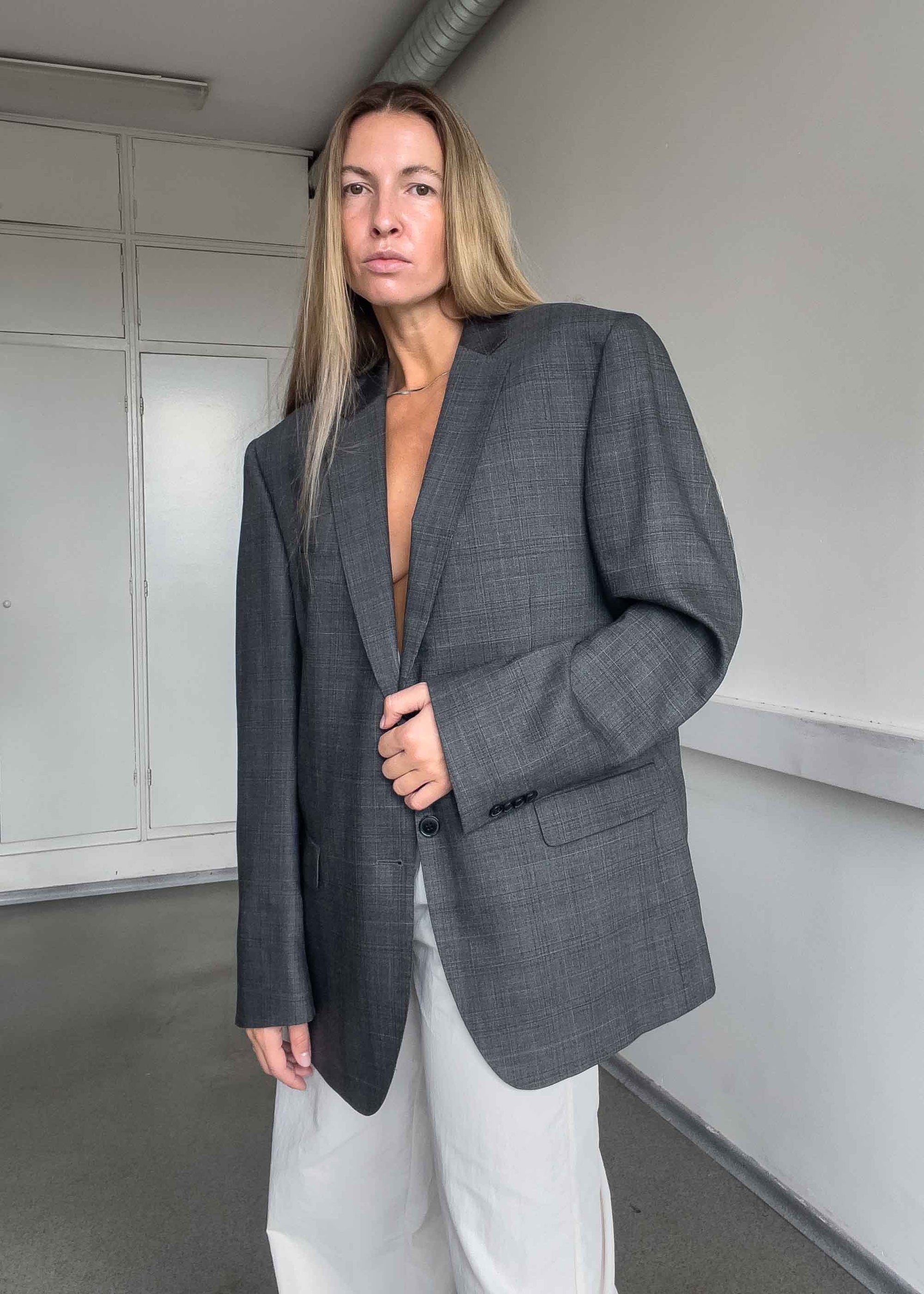 Vintage Grey Checked Oversized Blazer