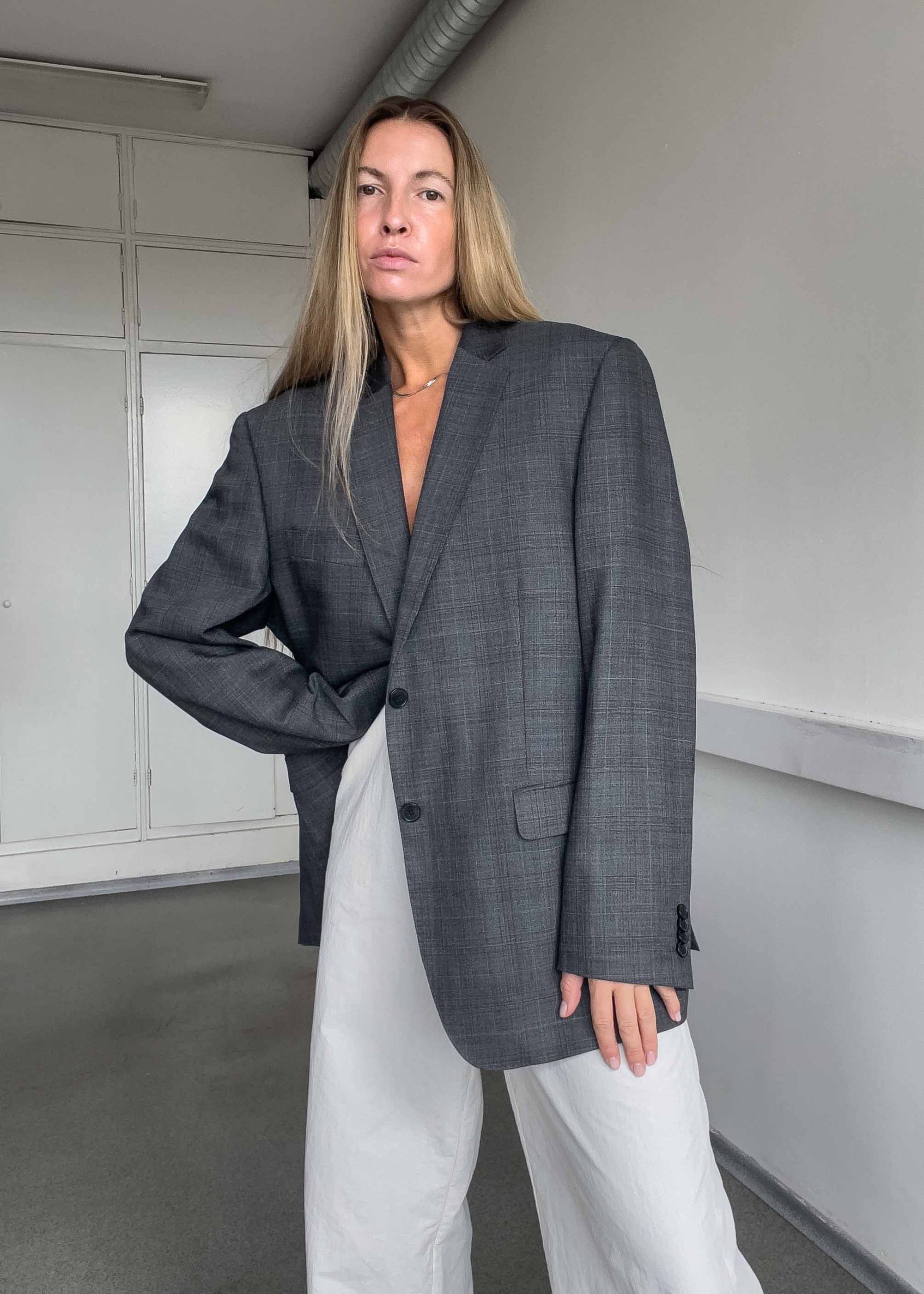 Vintage Grey Checked Oversized Blazer