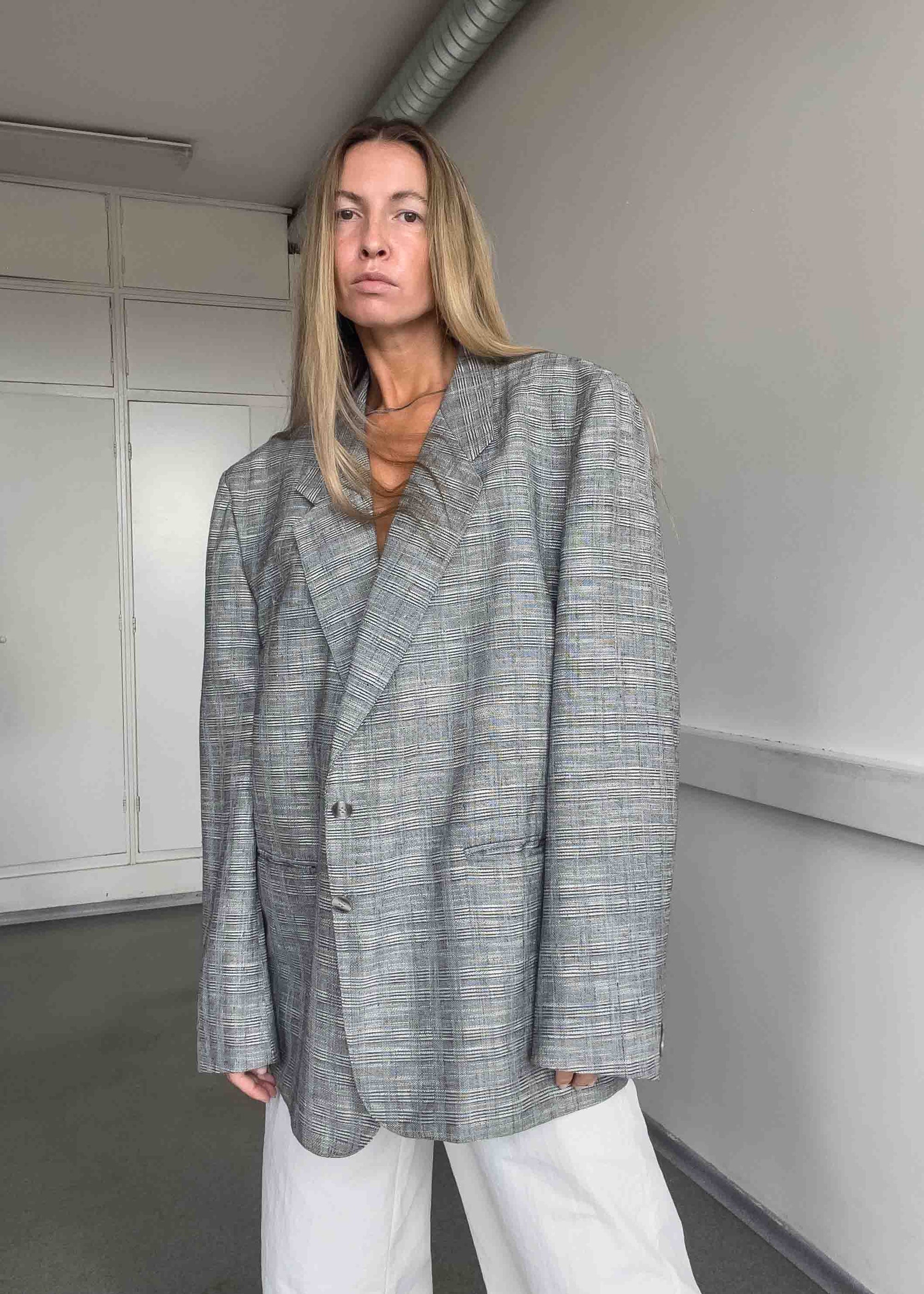 Vintage Light Grey Checked Oversized Blazer