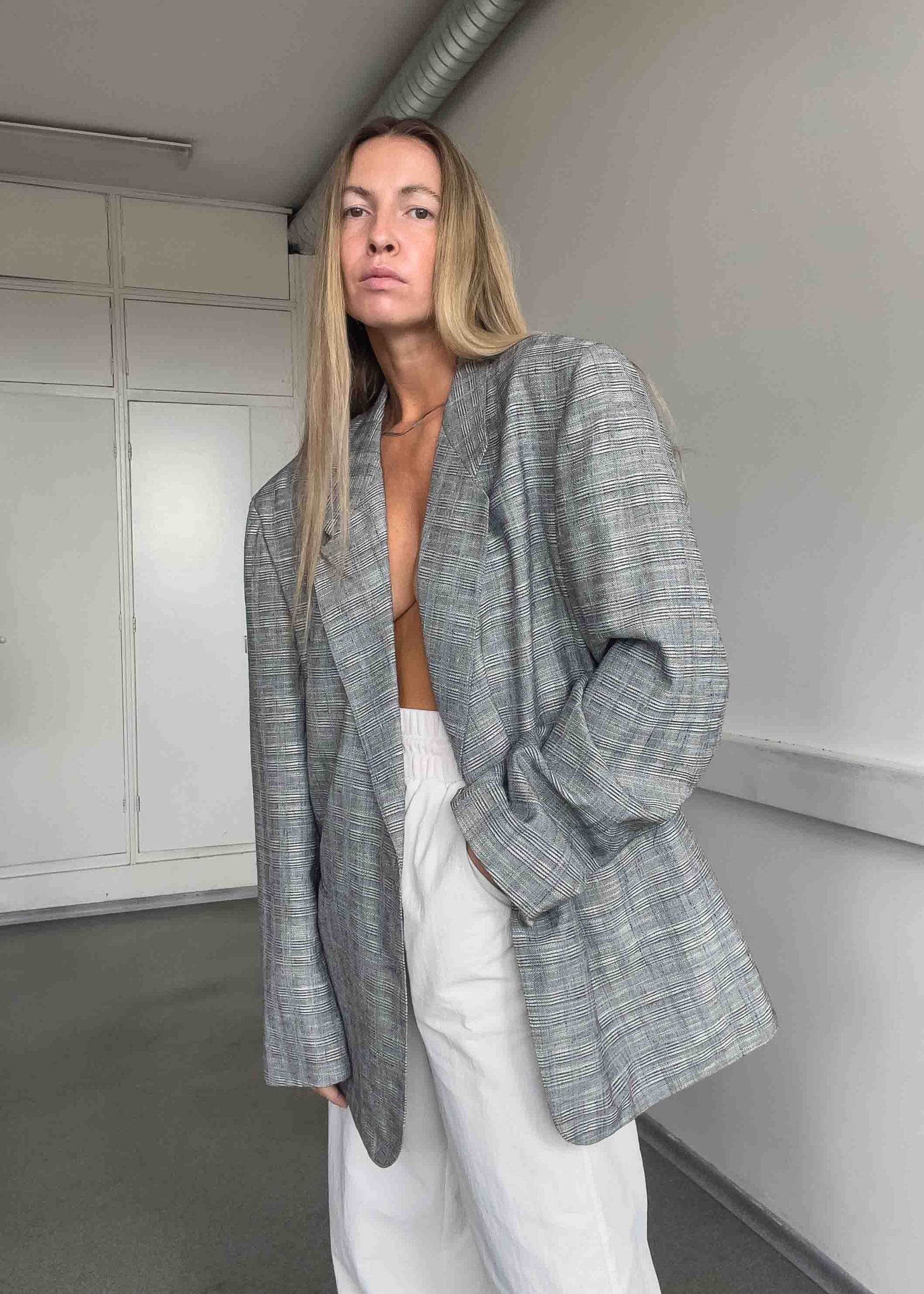 Vintage Light Grey Checked Oversized Blazer
