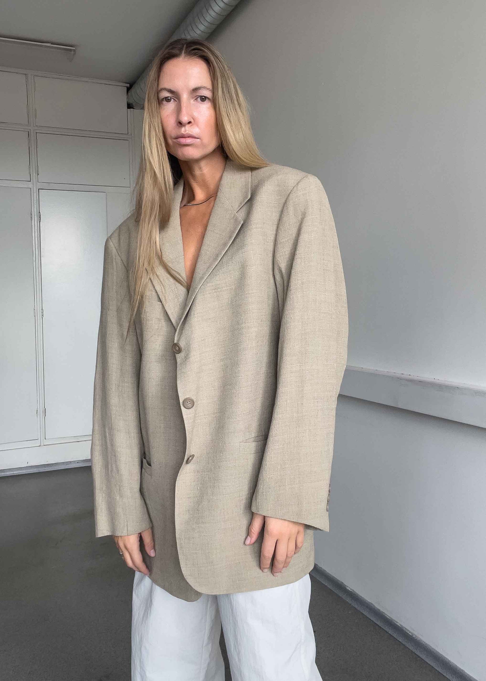 Vintage Beige Oversized Linen Blazer