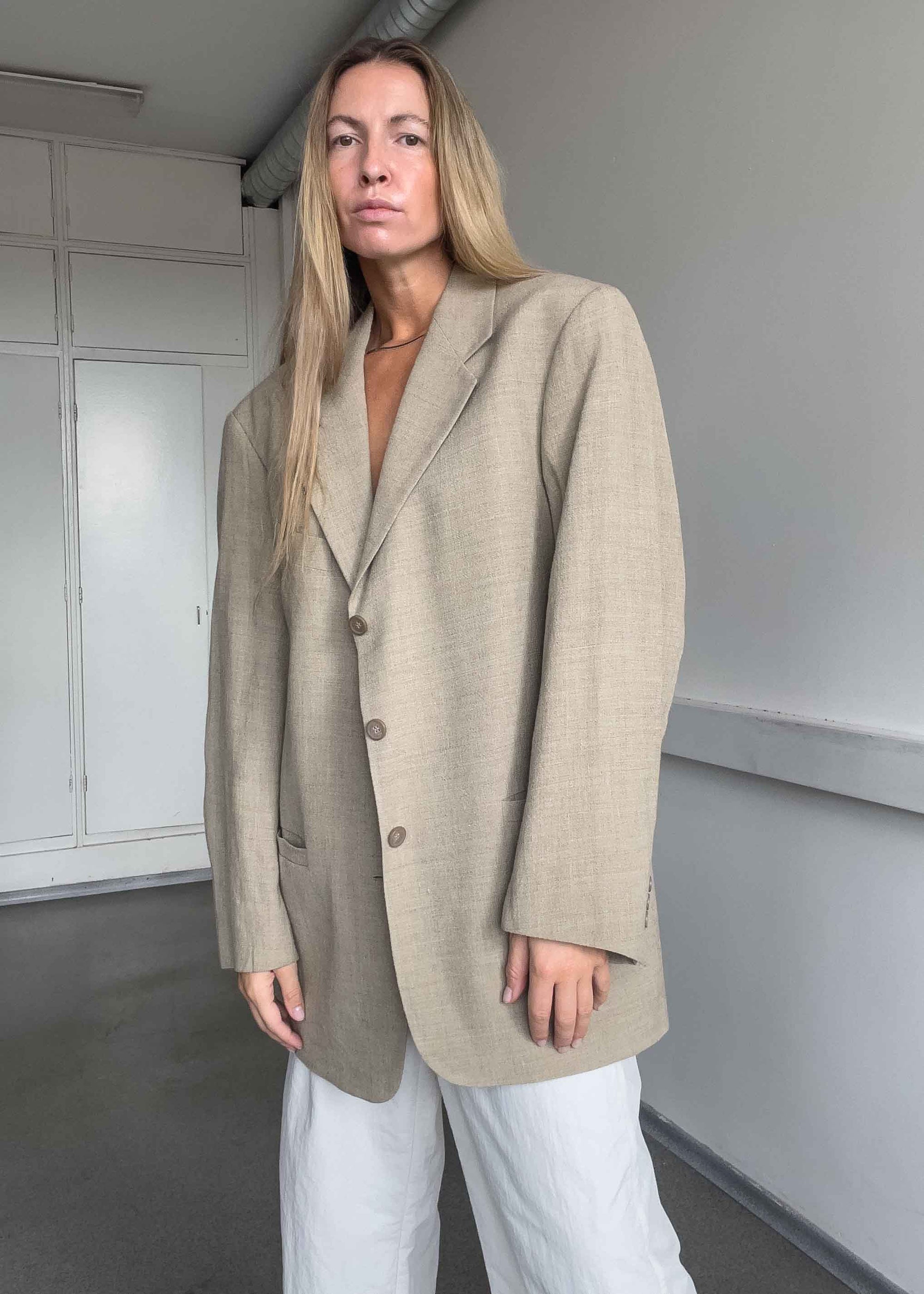 Vintage Beige Oversized Linen Blazer