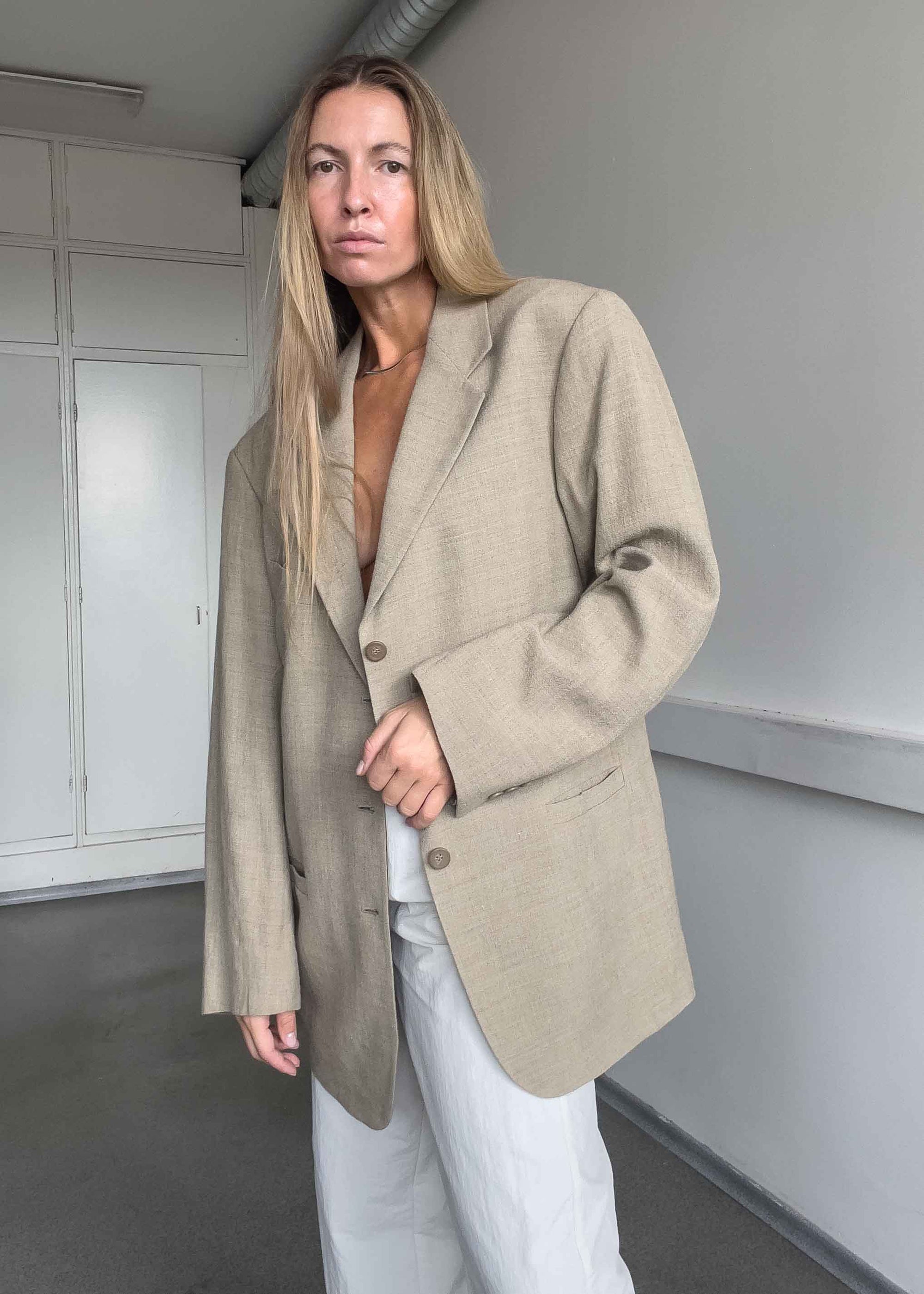 Vintage Beige Oversized Linen Blazer