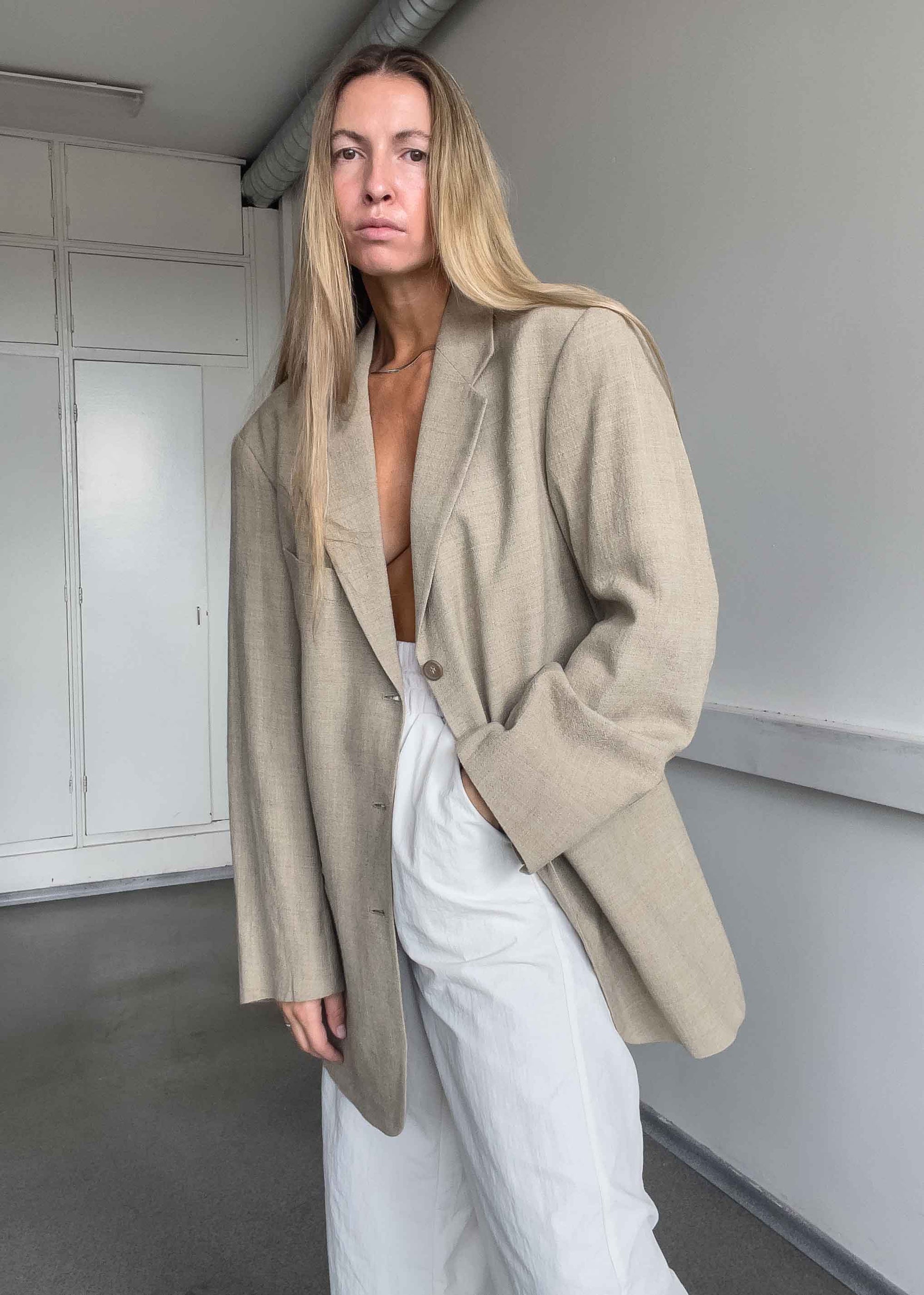 Vintage Beige Oversized Linen Blazer