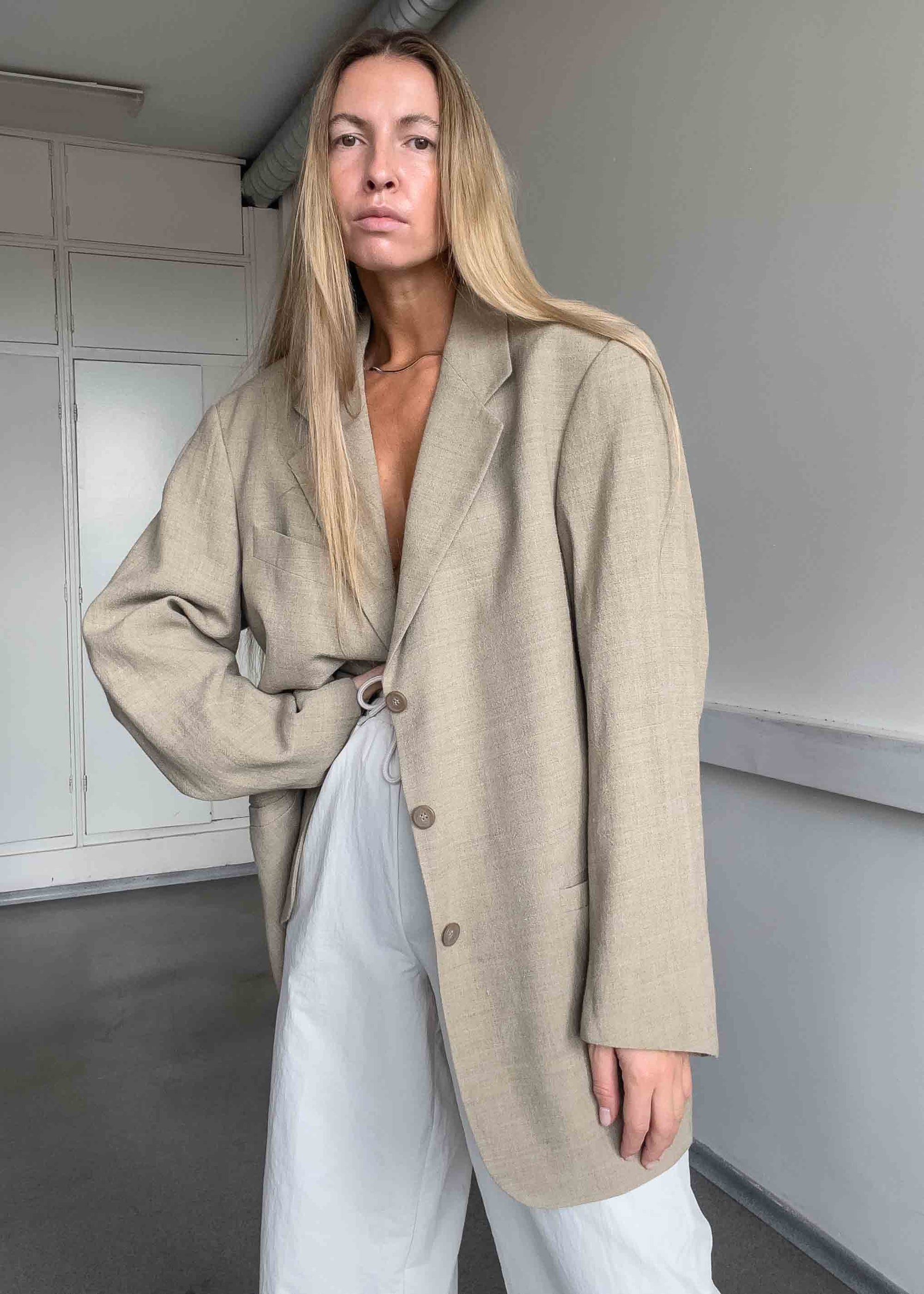 Vintage Beige Oversized Linen Blazer
